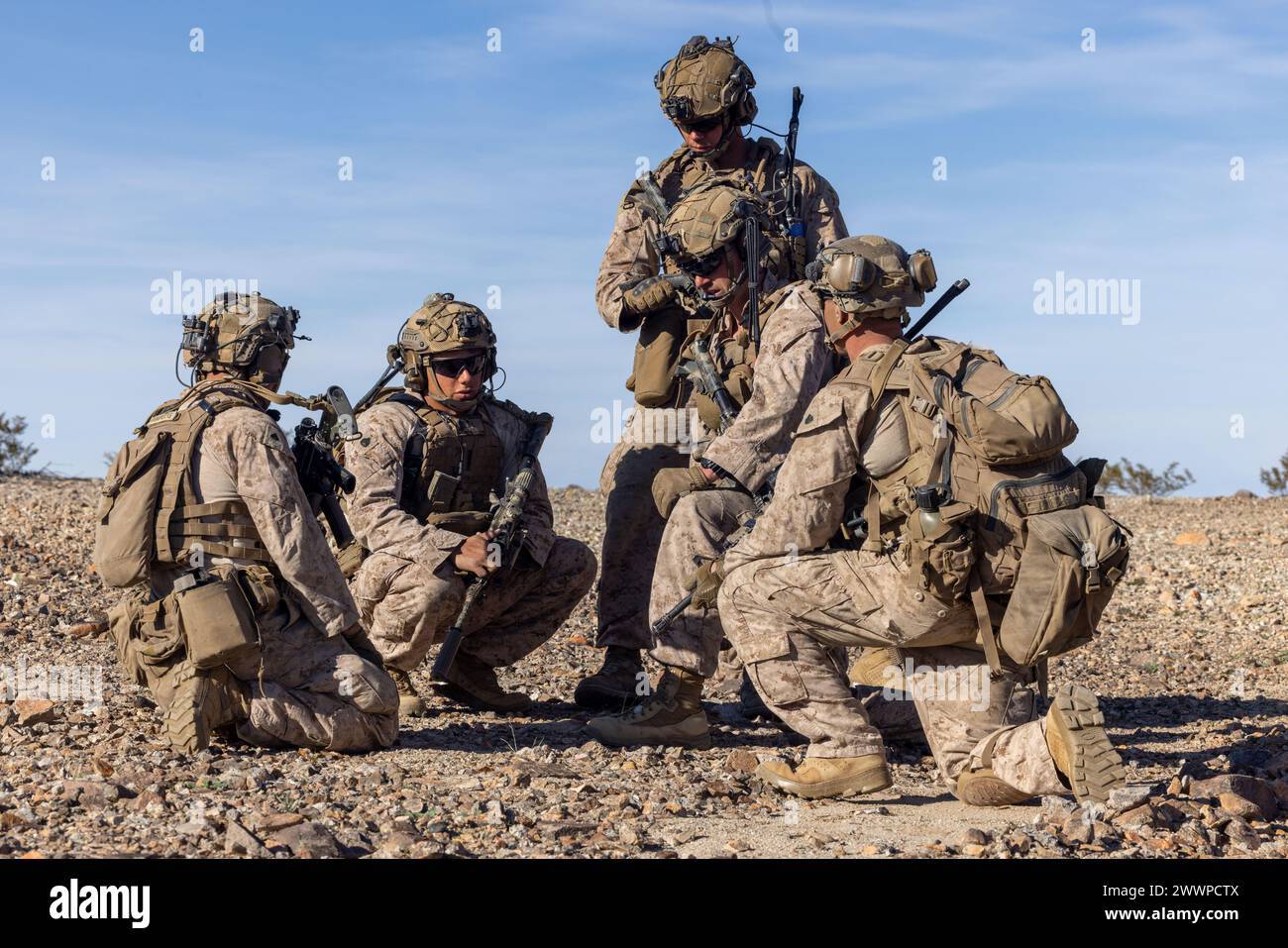 US-Marines mit 2. Bataillon, 4. Marine-Regiment, 1. Marine-Division, werden auf halbem Weg während eines Bodenangriffs als Teil einer Marineflugzeug-Task Force verteilten Manöver-Übung als Teil der Service Level Training Übung 2-24 rund um den Gays Pass Training Area, im Marine Corps Air-Ground Combat Center, Twentynine Palms, Kalifornien, 14. Februar 2024. MDMX bereitet Marines auf zukünftige Konflikte vor, indem sie offensiv- und defensives Live-Feuer und Manövrierübungsszenarien in einer strengen Trainingsumgebung durchführen. Marine Corps Stockfoto