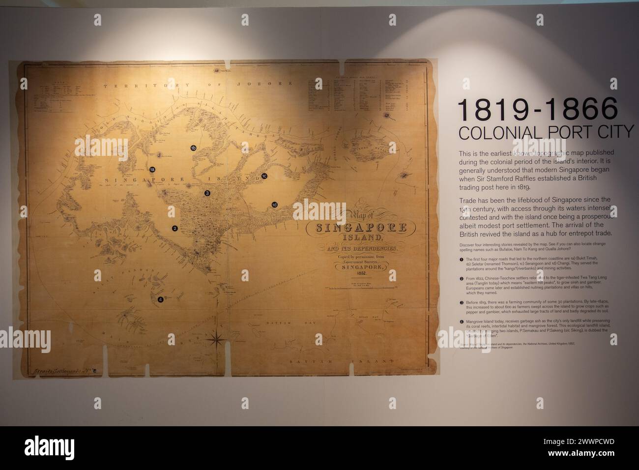 Singapur Karte koloniale Hafenstadt von 1819 bis 1866. 2024. Stockfoto