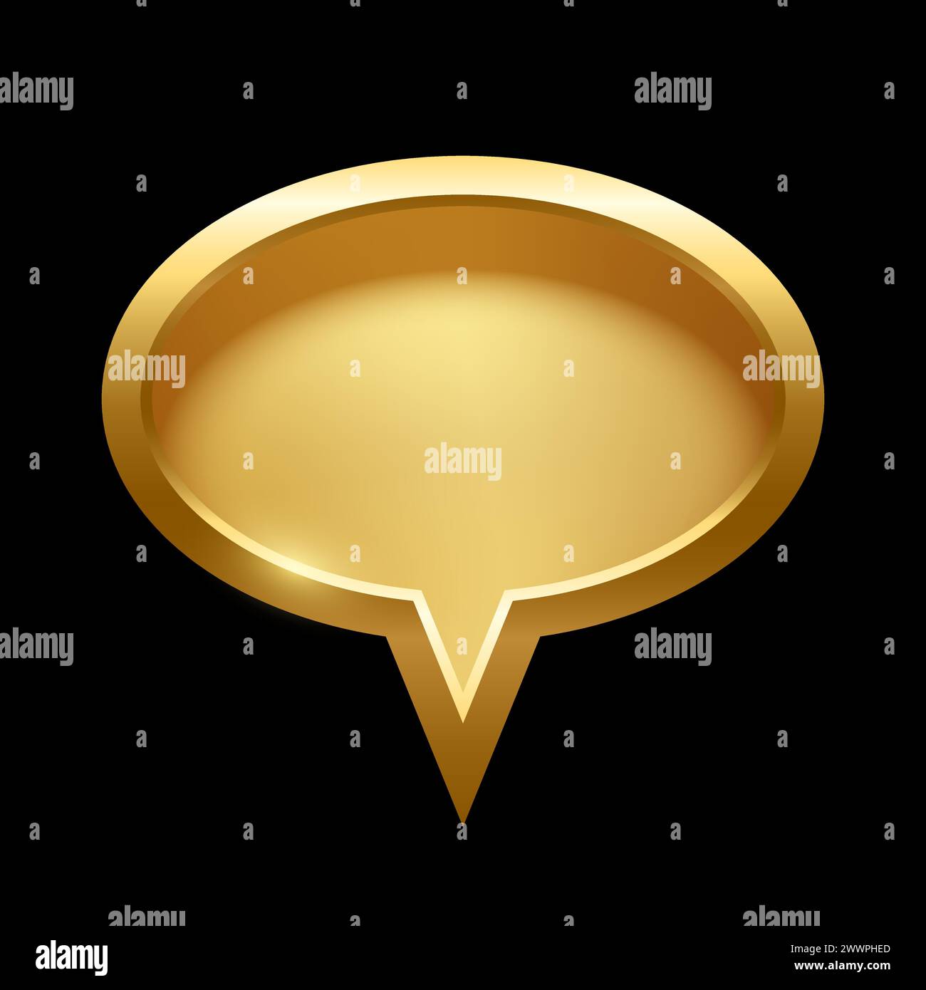 Goldene Ellipse-Sprechblase mit Rahmenvektor-Illustration. Goldenes, glänzendes, elegantes ovales Knopfdesign für leeres Emblem, Medaille oder Abzeichen, Lichteffekt Stock Vektor