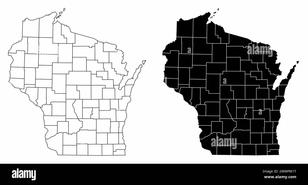 Die schwarz-weißen Verwaltungskarten des Bundesstaates Wisconsin, USA Stock Vektor