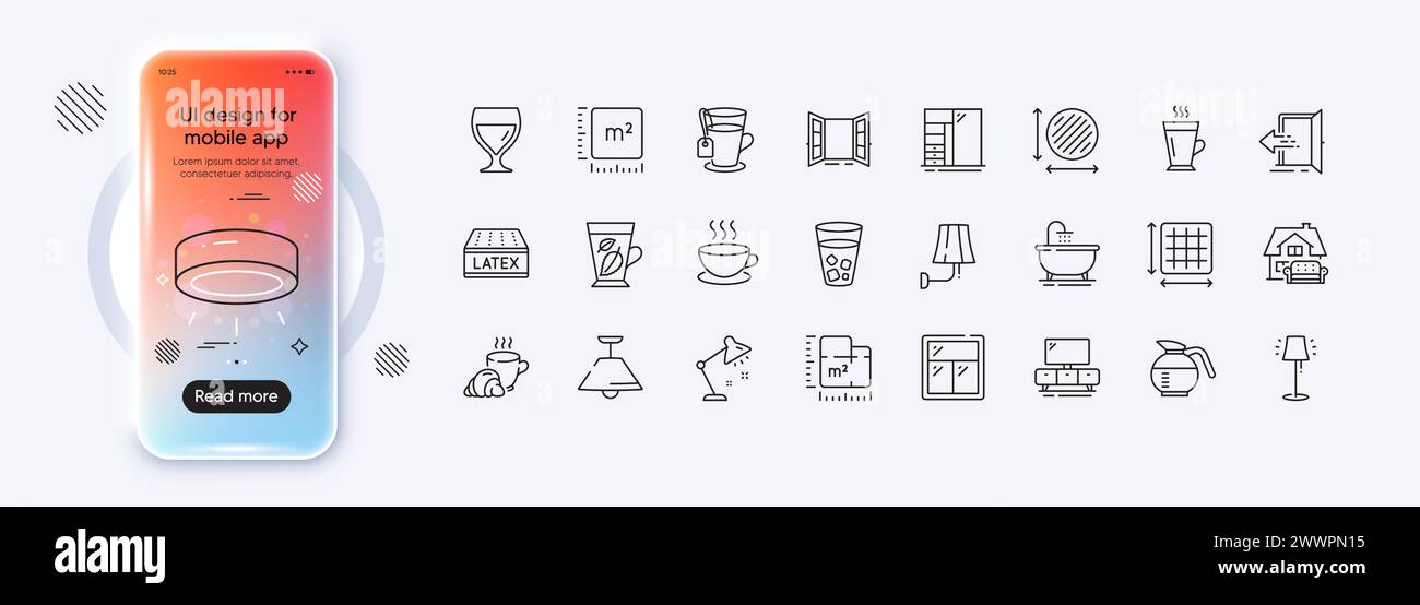 Standleuchte, Grundrisssymbole und Fensterlinien für die Web-App. Piktogramsymbol. Bildschirm „Phone Mockup Gradient“. Vektor Stock Vektor