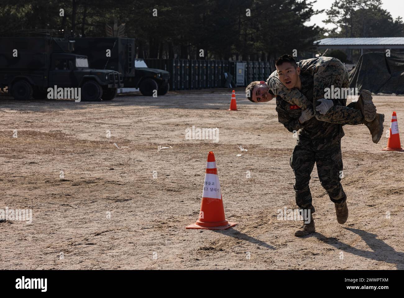 Griffin Fjeld ist ein Feuerwehrmann, der von einem Marine der Republik Korea für einen Fitness-Test während der Korea Viper 24,1 im Hauptquartier der 1. Marine-Infanterie-Division der Republik Korea am 8. Februar 2024 getragen wird. Die CFT ist eine jährliche körperliche Fitness-Bewertung, die die Kampfbereitschaft eines Marine misst und eine Bewegung zum Kontakt, Munition kann heben und unter Feuer manövrieren. Korea Viper demonstriert in seiner ersten Version die Fähigkeit des ROK-US Marine Corps, in der Region als einzigartige, vereinte Kraft entschieden zu reagieren und gleichzeitig Beziehungen und Vertrauen zu stärken Stockfoto