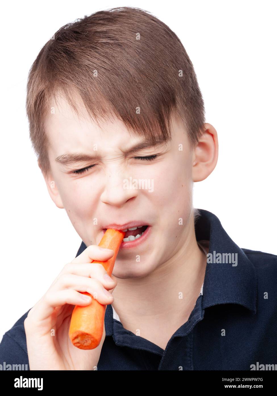 Ein kleiner Junge mit blauem Poloshirt grimmt, während er eine Karotte beißt, die Reaktion auf unangenehmen Geschmack zeigt. Studio-Porträt vor weißem Hintergrund Stockfoto