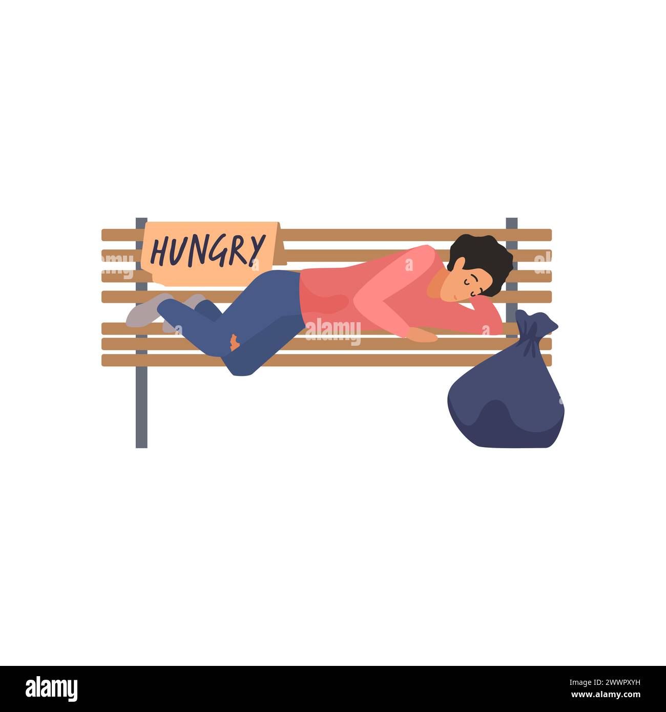 Obdachloser armer Mann, der auf einer Parkbank schläft, mit Schild hungriger Vektor-Illustration Stock Vektor