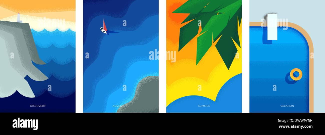Abstraktes Retro-Poster mit minimalen Sommerreisen. Leuchtturm auf Rock-on-Seeufer-Vintage-Muster. Yacht auf Meer und Strand mit Swimmingpool im Urlaub trendige minimalistische EPS-Plakette. Sommerreise Stock Vektor