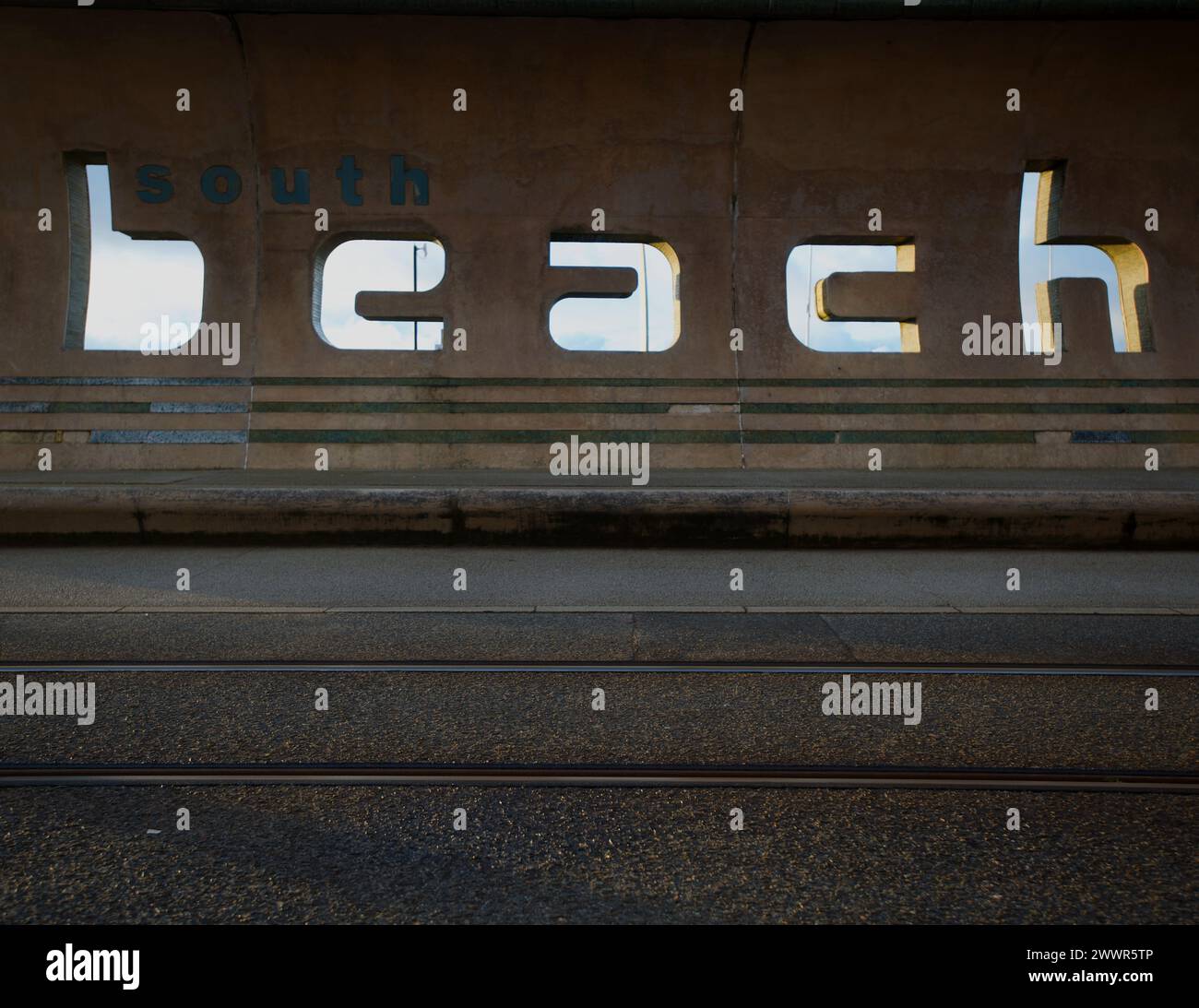 Künstlerisches Strandschild, South Shore, Blackpool, Lancashire, Großbritannien Stockfoto