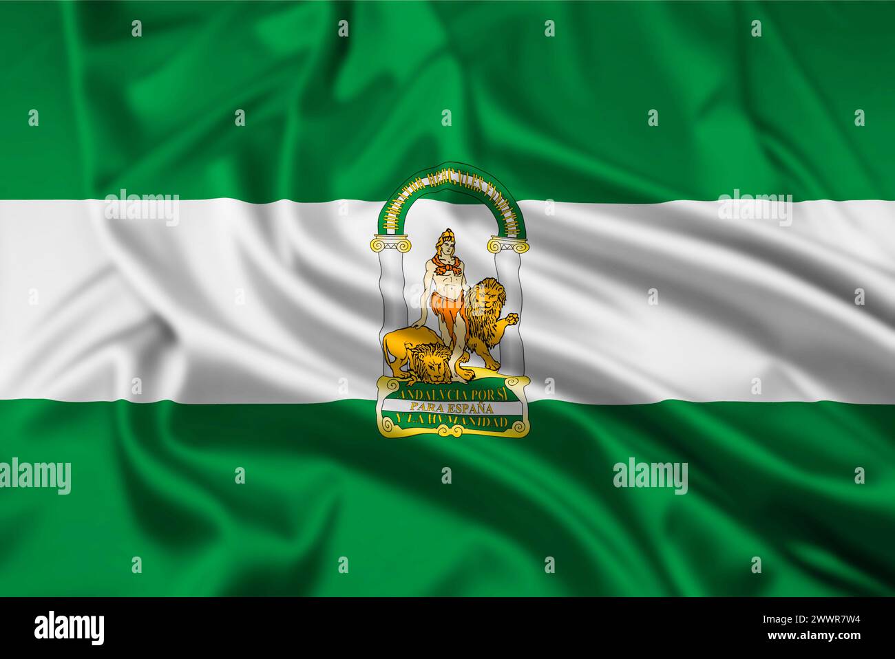 Die Flagge Andalusiens, eine der autonomen Gemeinschaften Spaniens, mit einem Welligkeitseffekt Stockfoto