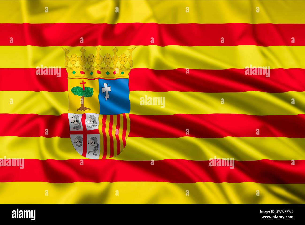 Die Flagge von Aragonien, eine der autonomen Gemeinden Spaniens, mit einem Welligkeitseffekt Stockfoto