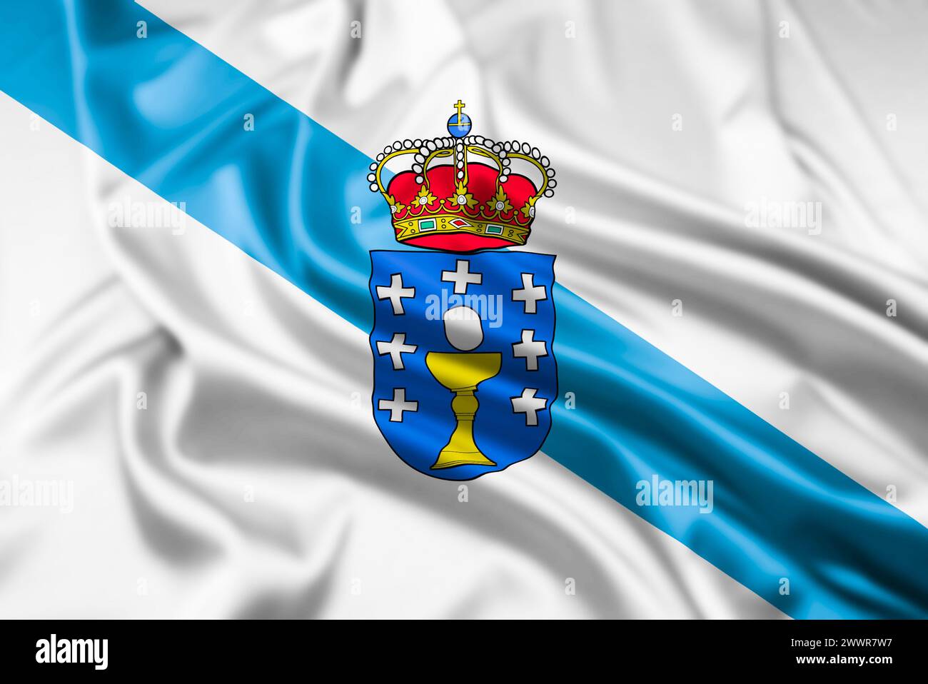 Die Flagge Galiciens, eine der autonomen Gemeinschaften Spaniens, mit einem Welligkeitseffekt Stockfoto