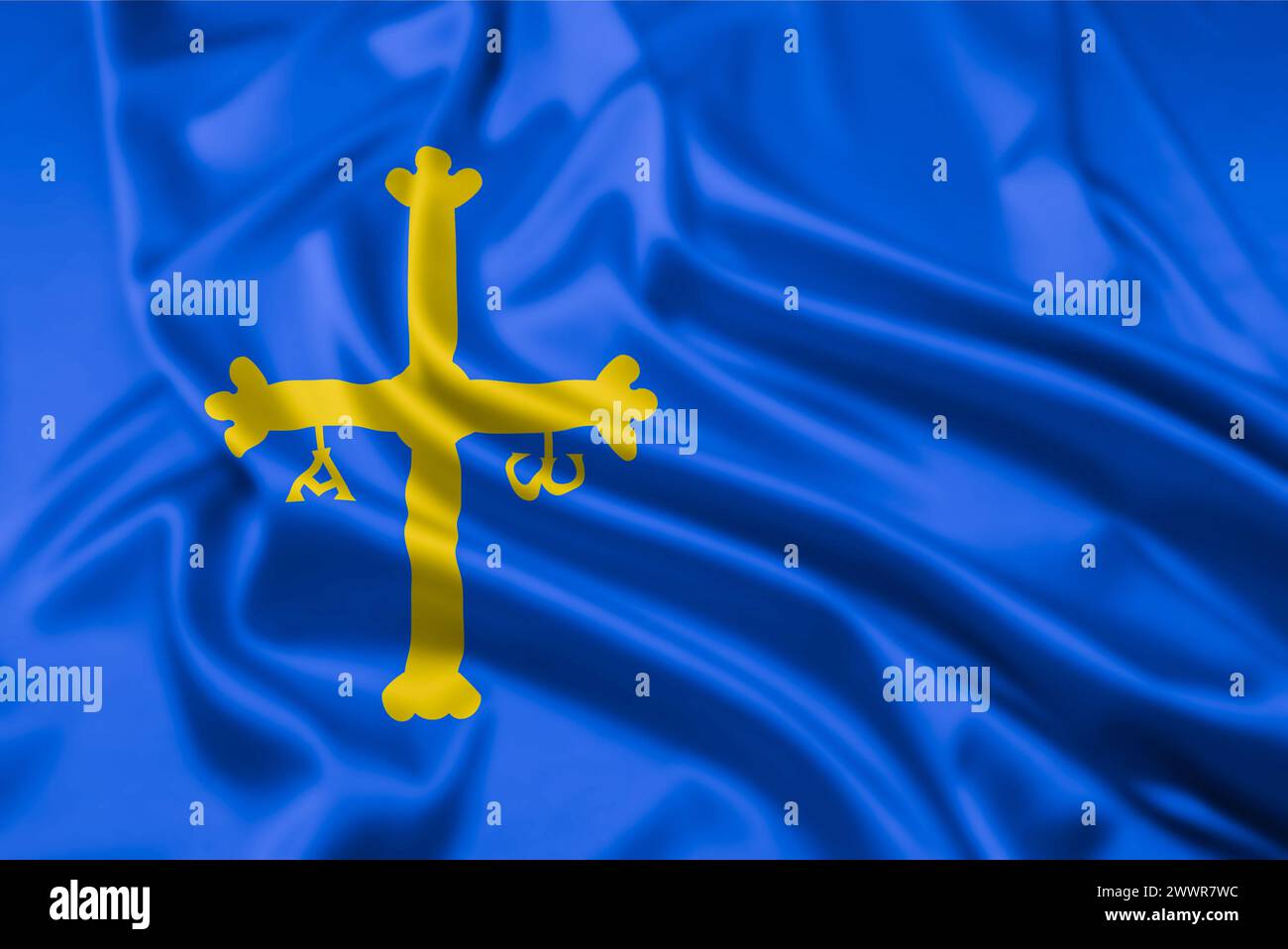 Die Flagge von Asturien, eine der autonomen Gemeinden Spaniens, mit einem Welligkeitseffekt Stockfoto