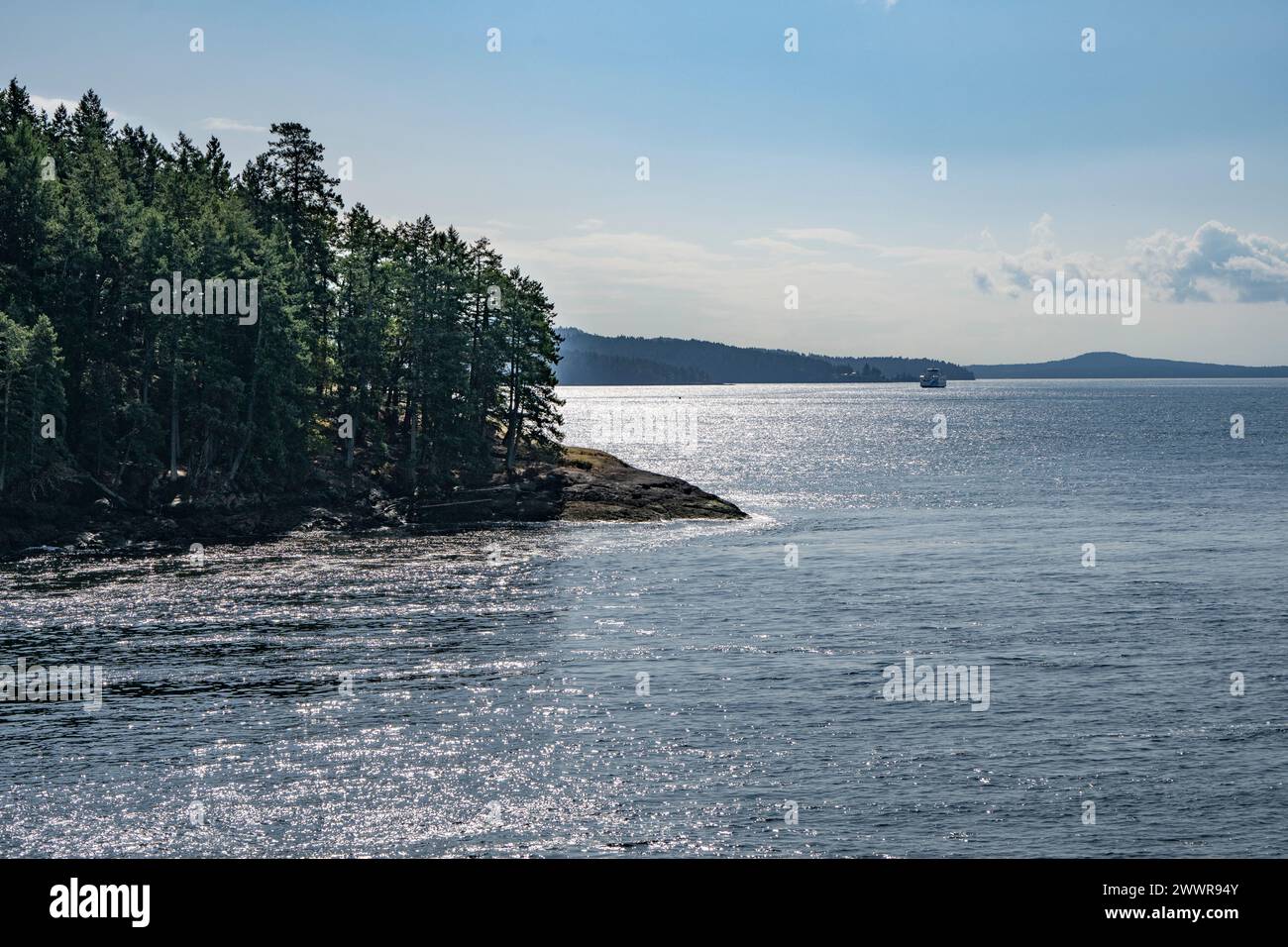 Blick auf eine Fähre, die entlang der Straße von Georgia, British Columbia, Kanada fährt Stockfoto