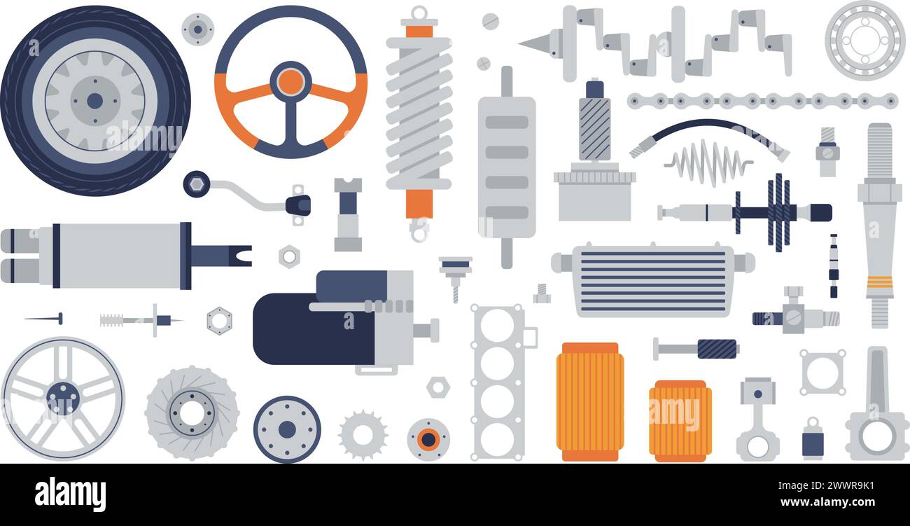Mechanische Ersatzteile. Verschiedene Symbole für Ersatzladeflächen für Maschinen. Mechanismussammlung, Zahnräder, Räder und Gelenke. Isoliertes, anständiges Reparaturservice-Clipart Stock Vektor