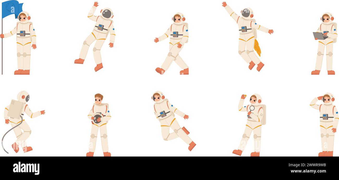 Astronautenfiguren. Astronauten verschiedene Posen, Comic-Kosmonauten arbeiten. Weltraum- und Universumserforschung, Raumfahrer in Anzügen, kuschelige Vektorset Stock Vektor