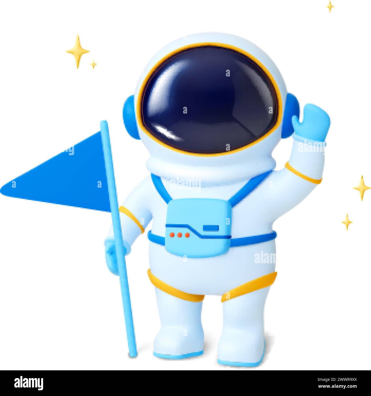 Astronaut 3D-Charakter. Isolierter Raumfahrer im Anzug, der mit der Flagge und um ihn herum Sterne steht. Realistischer Render-Vektor-Kosmonaut, der den Raum erforscht Stock Vektor