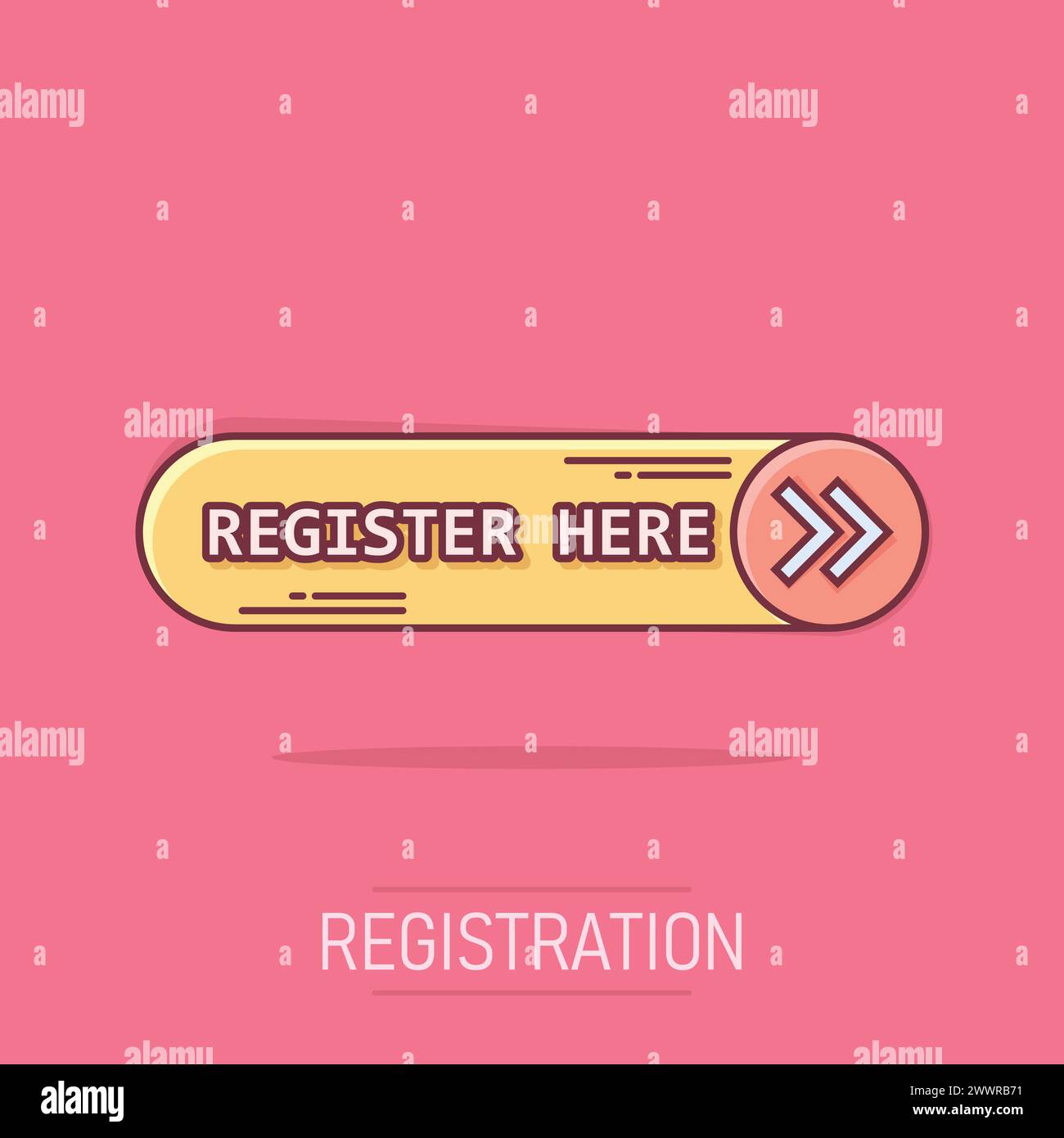 Jetzt registrieren Icon im Comic-Stil. Registrierung Cartoon Vektorgrafik auf isoliertem Hintergrund. Mitglied Benachrichtigung Splash Effekt Zeichen Business con Stock Vektor