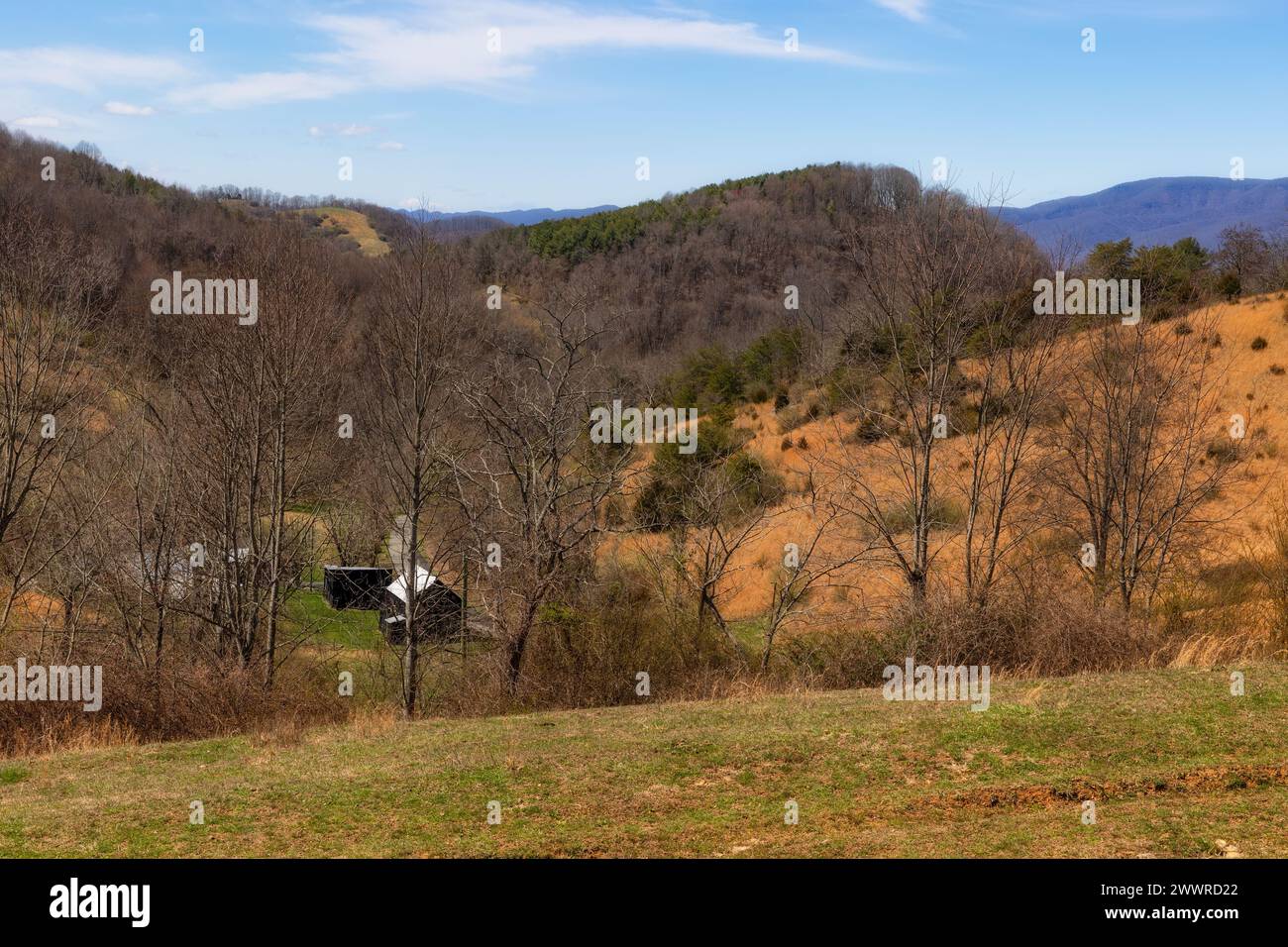 Scheune und Nebengebäude befinden sich in einem hollar zwischen sanften Hügeln in der Applachian Mountain Range im ländlichen Virginia. Stockfoto