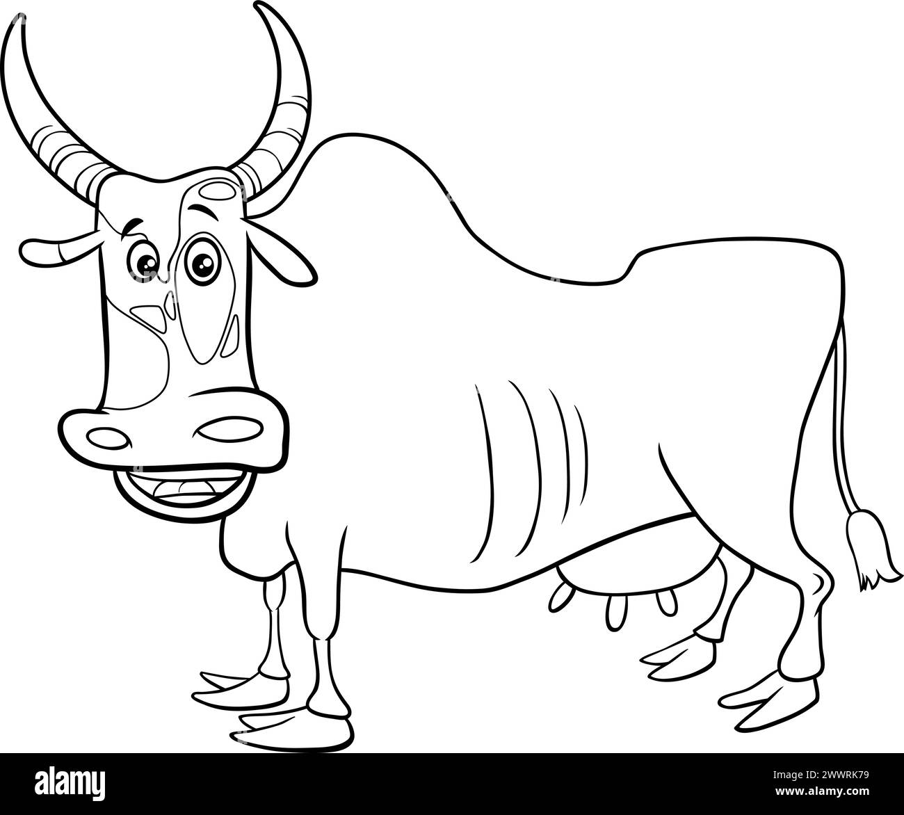 Zeichentrickillustration der Zebu-Kuh-Bauernhof-Tier-Charakterausmalseite Stock Vektor