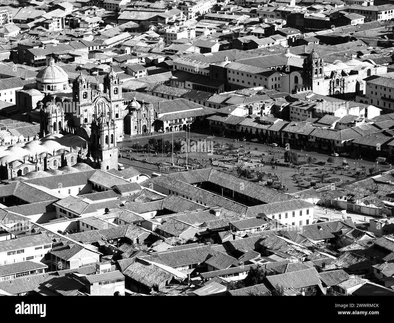 Luftaufnahme der Kathedrale auf der Plaza de Armas, Cusco, Peru Stockfoto