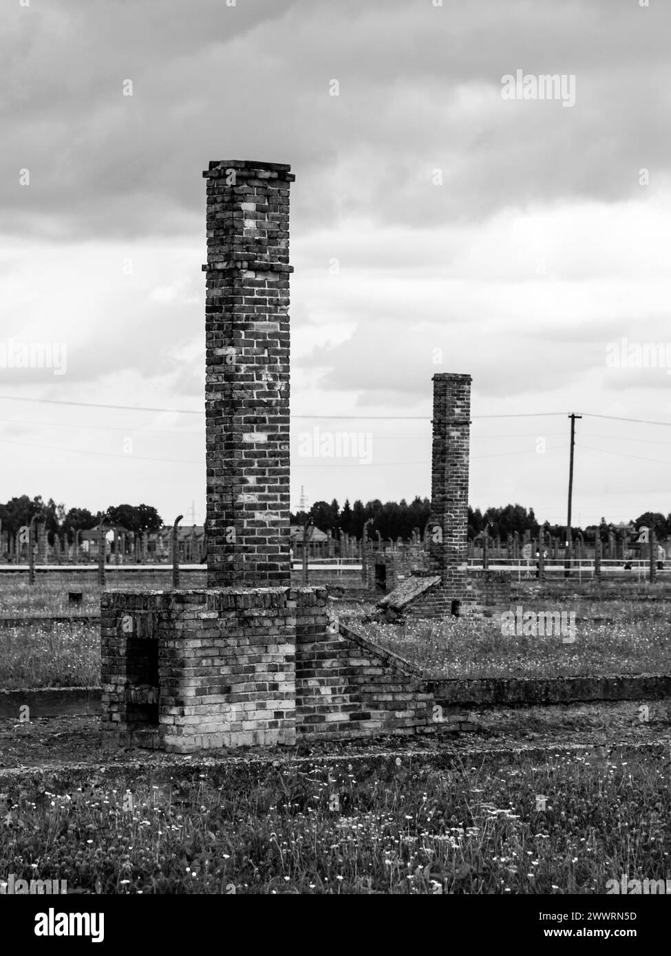 Gemauerte Schornsteine in Ruinen von Unterkunftsgebäuden im Konzentrationslager Birkenau (Polen). In Schwarzweiß. Stockfoto