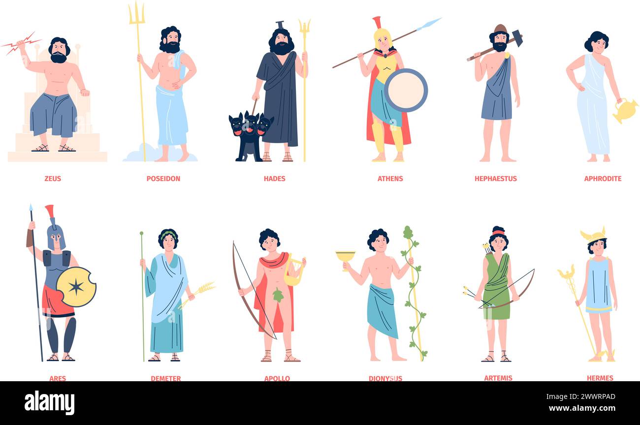 Griechische Götter. Mediterrane alte Kultur und Religion, Gott griechenlands. Mythologie- und Legendenfiguren. Aphrodite, zeus, hermes neuester Vektorsatz Stock Vektor