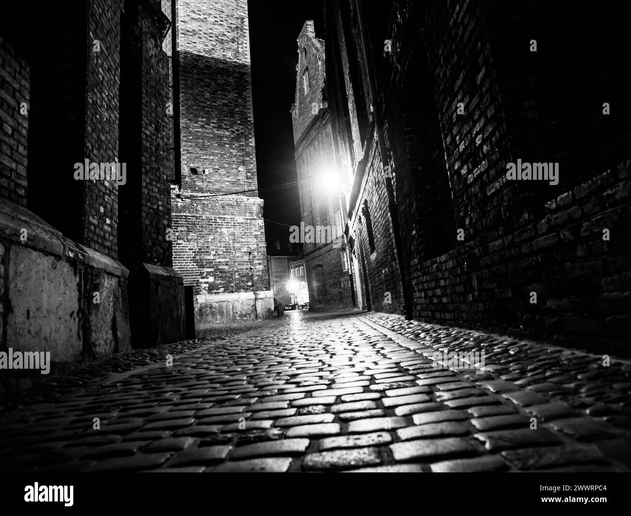 Beleuchtete Kopfsteinpflasterstraße mit Lichtreflexen auf Kopfsteinpflastersteinen in der alten historischen Stadt bei Nacht. Schwarzweißbild. Stockfoto