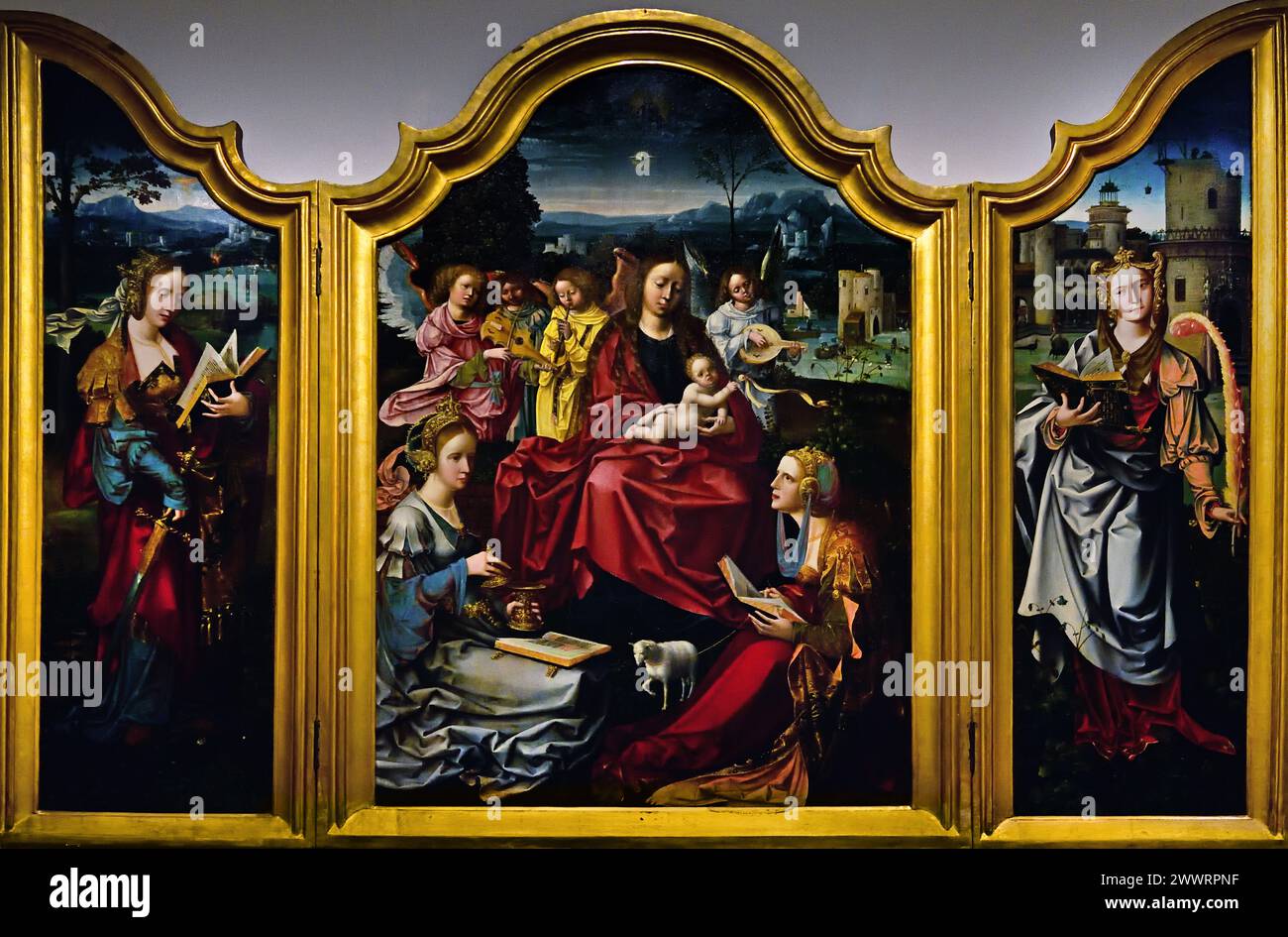 Maria mit Kind, Maria Magdalene, Agnes, Katharina und Barbara (Triptychon) anonymo1500 - 1519 Museum Mayer van den Bergh, Antwerpen, Belgien, Belgien. Stockfoto