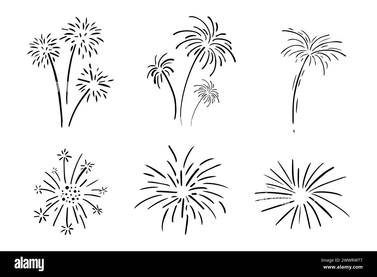Set Feuerwerk Doodle Line Explosion Radialfunkler mit Strahlen, handgezeichnete Feuerwerkskörper einfache und runde Dekoration isoliert auf weißem Hintergrund. Vektorabbildung Stock Vektor