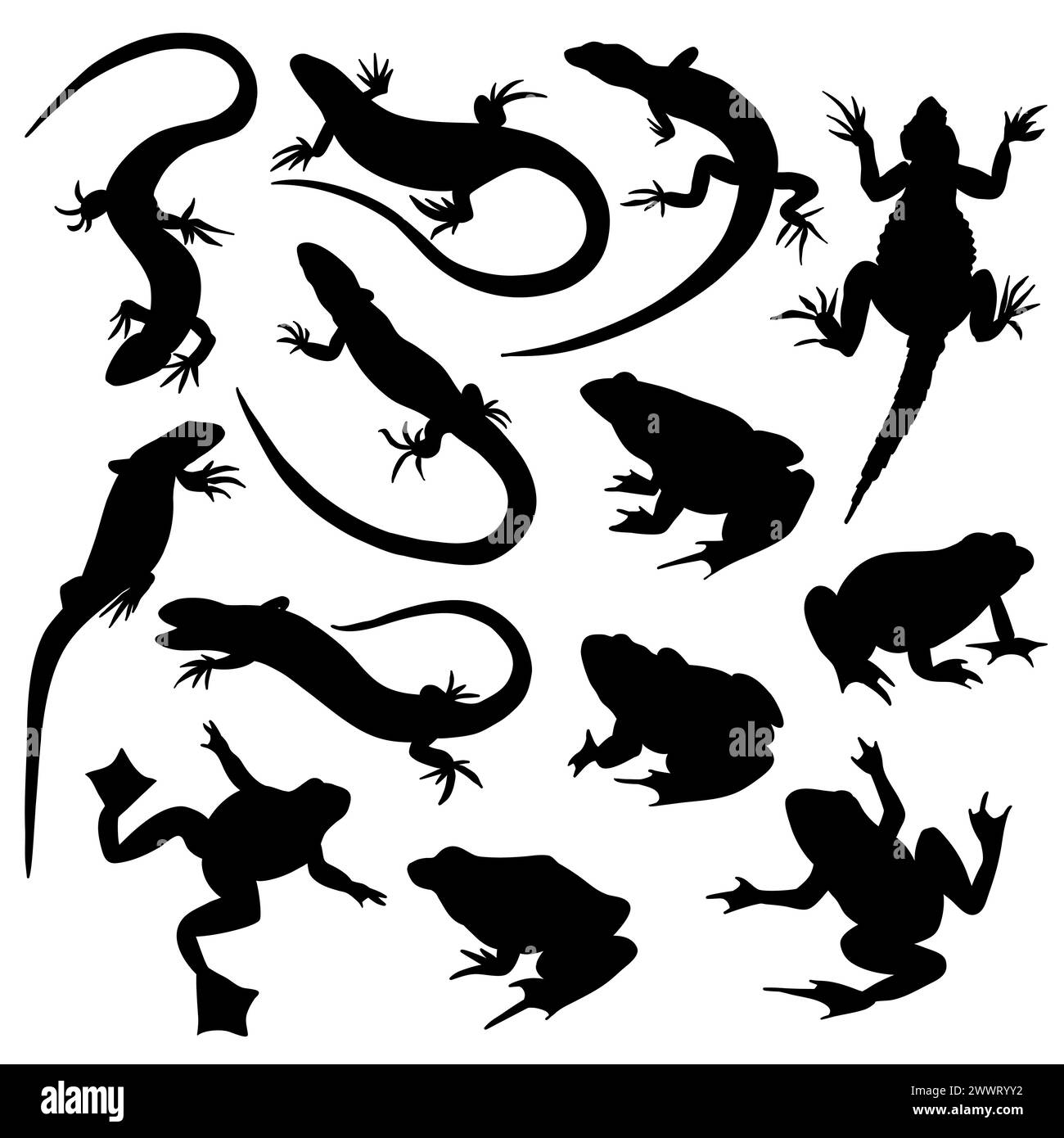 Schwarze Silhouette Vektor-Set von Reptilientieren wie Eidechsen und Fröschen in verschiedenen Aktionen während der Jagd, auf der Suche nach Nahrung und anderen. Stock Vektor
