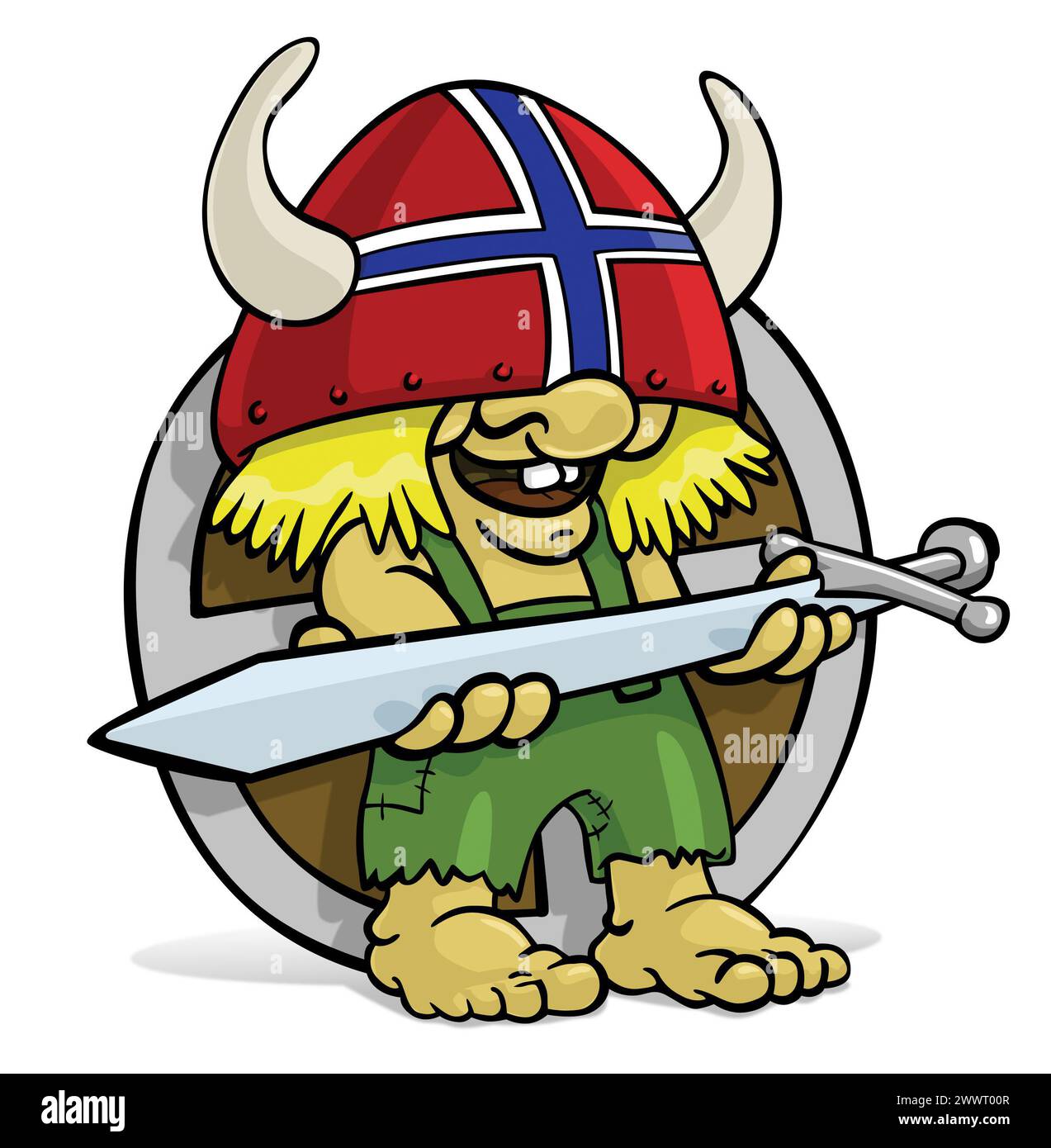 Fröhlicher und stolzer Troll mit rotem Helm und norwegischer Flagge – lustige Trollillustration im Cartoon-Stil. Kurzer und blonder Troll. Glücklicher Troll. Stockfoto