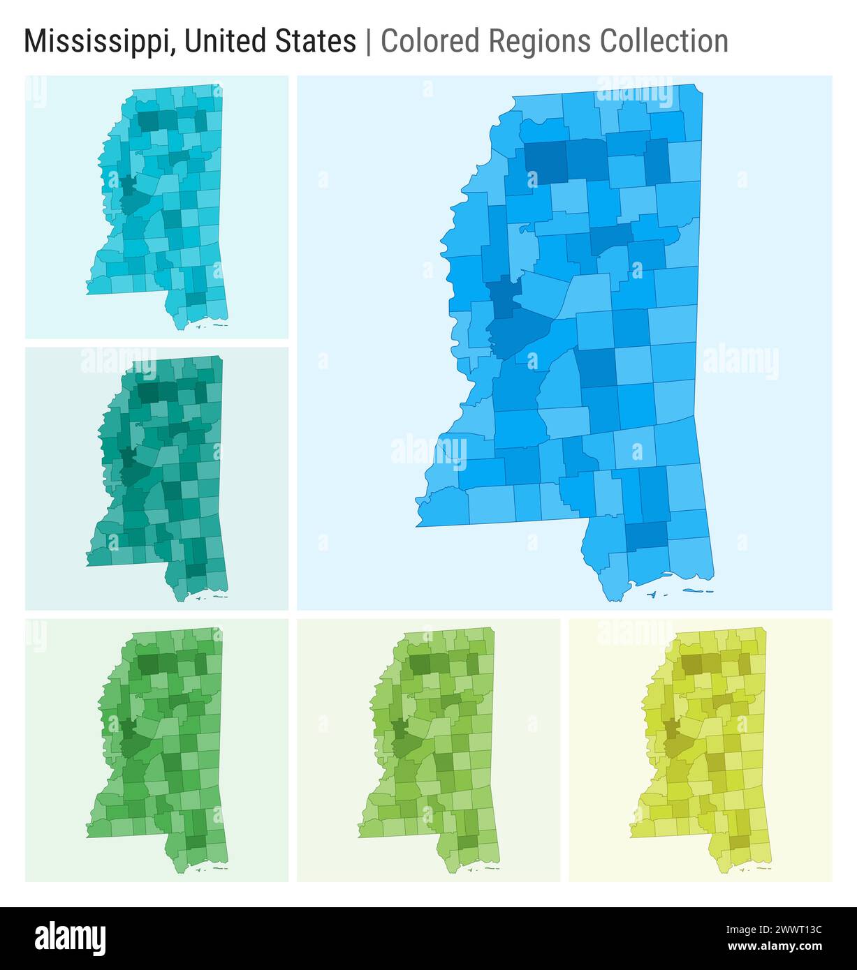 Mississippi, Usa. Kartensammlung. Statusform. Farbige Bezirke. Hellblau, Cyan, Teal, Grün, Hellgrün, Farbpaletten in Limettenfarben. Stock Vektor