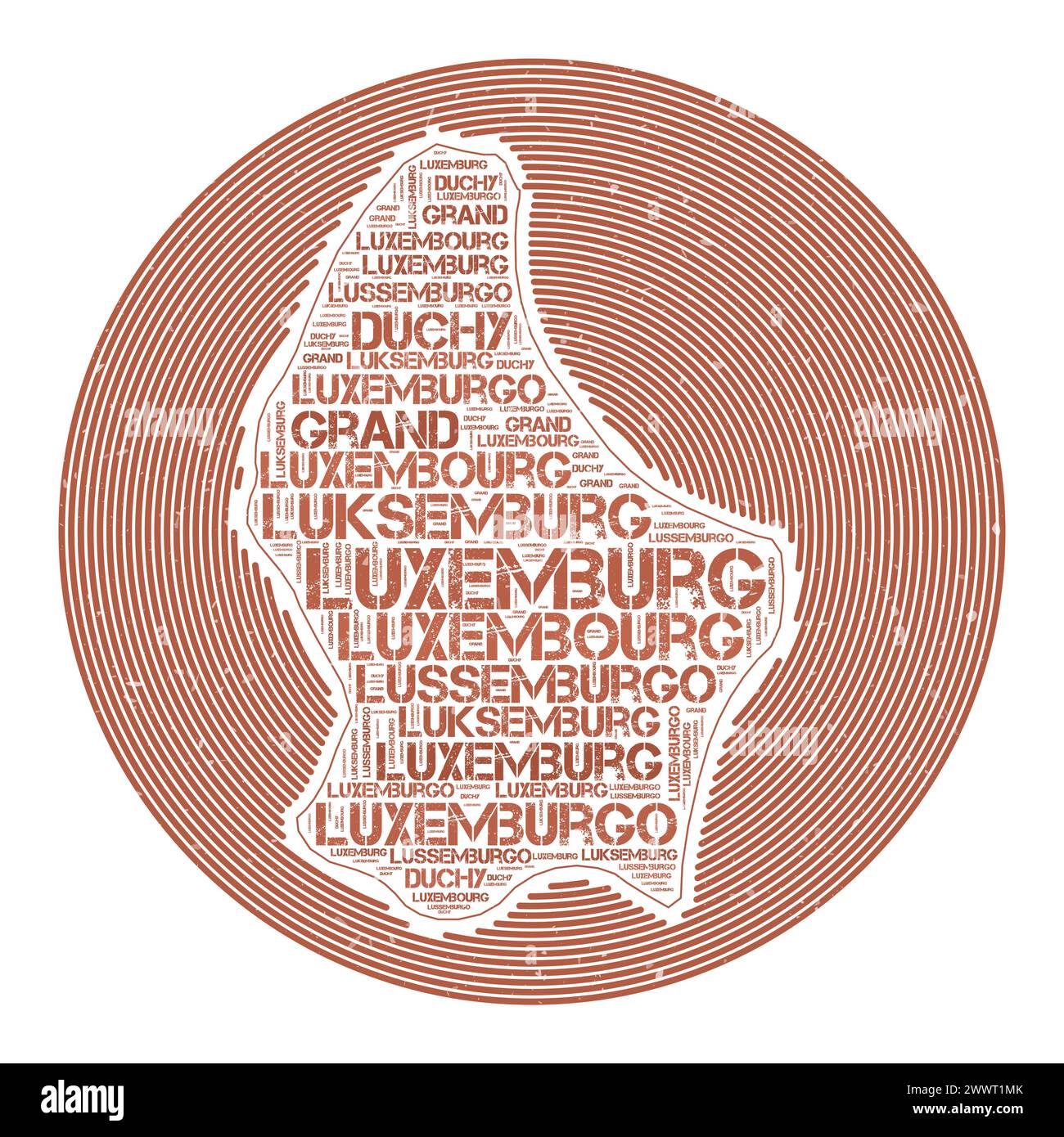 Luxemburgisches Vektorbild. Country Round-Logo-Design. Luxemburgisches Poster in Kreisbögen und Wortwolke. Wunderschöne Vektorillustration. Stock Vektor
