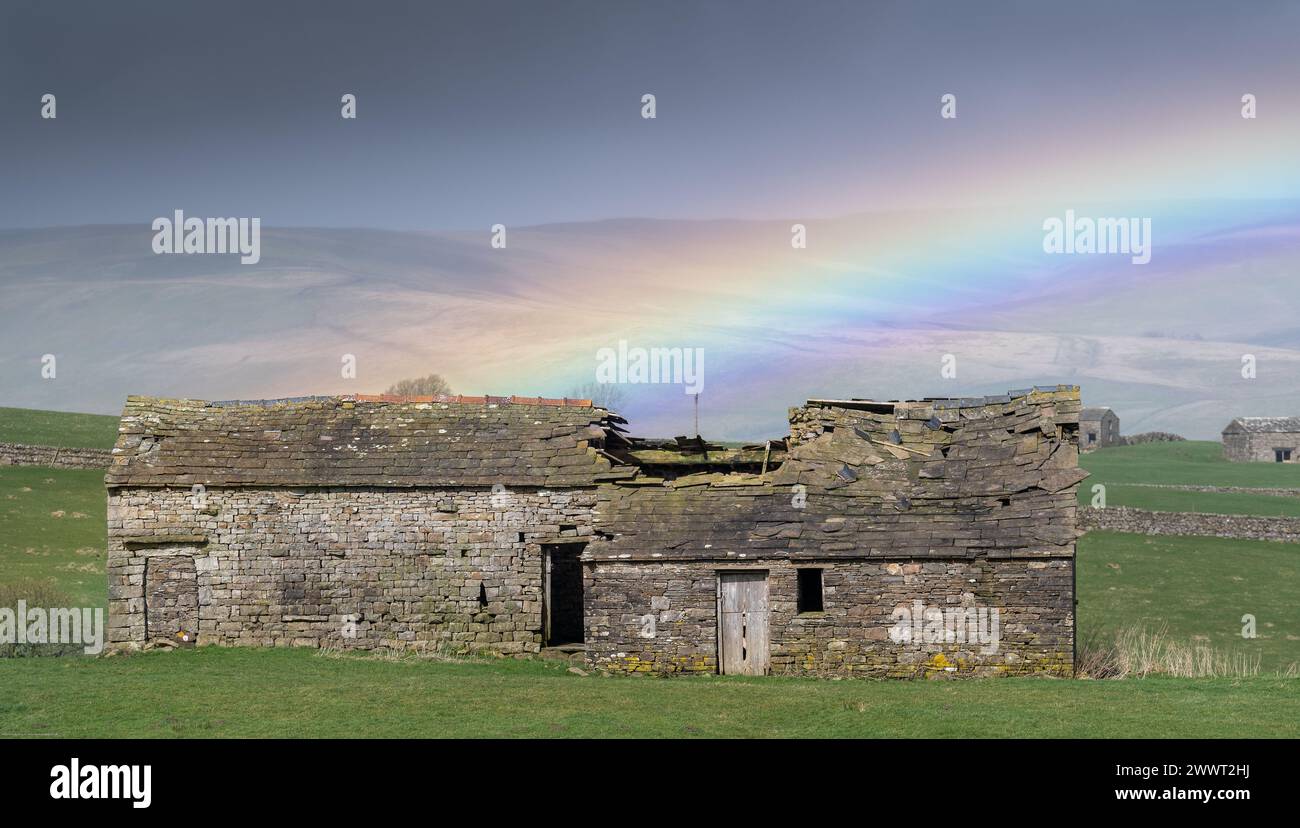 Alte Scheune in der Nähe von Hawes, Wensleydale, mit einem Regenbogen darüber. Die Scheunen sind Teil des Erbes der Dales, aber viele fallen jetzt als Th herunter Stockfoto