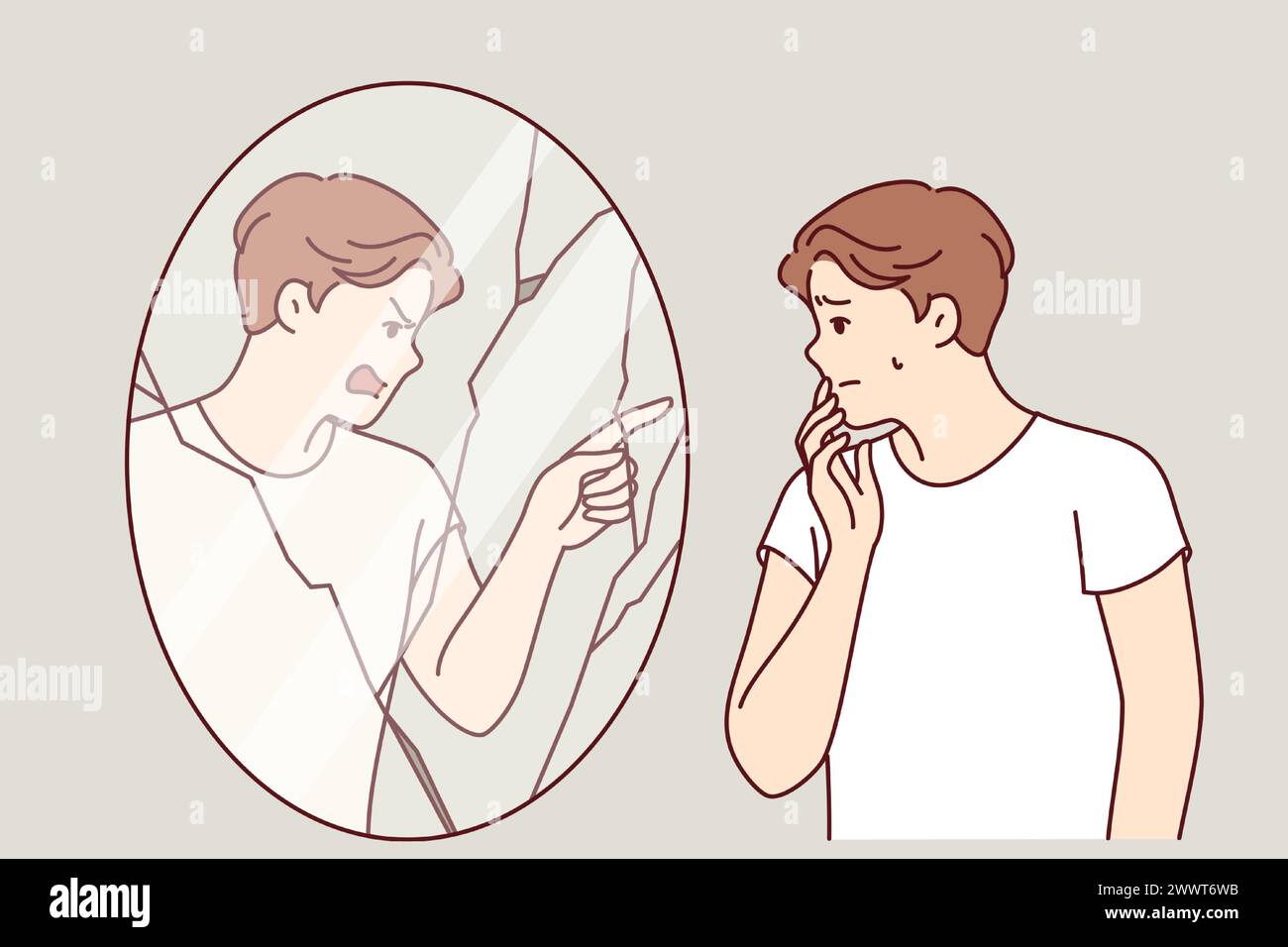 Ein Mann, der an Halluzinationen und psychischen Störungen leidet, schaut in den Spiegel mit bösem Spiegelbild, das den Besitzer beschuldigt. Ein Typ mit niedrigem Selbstwertgefühl erlebt Angst aufgrund von Halluzinationen oder geteilter Persönlichkeit Stock Vektor