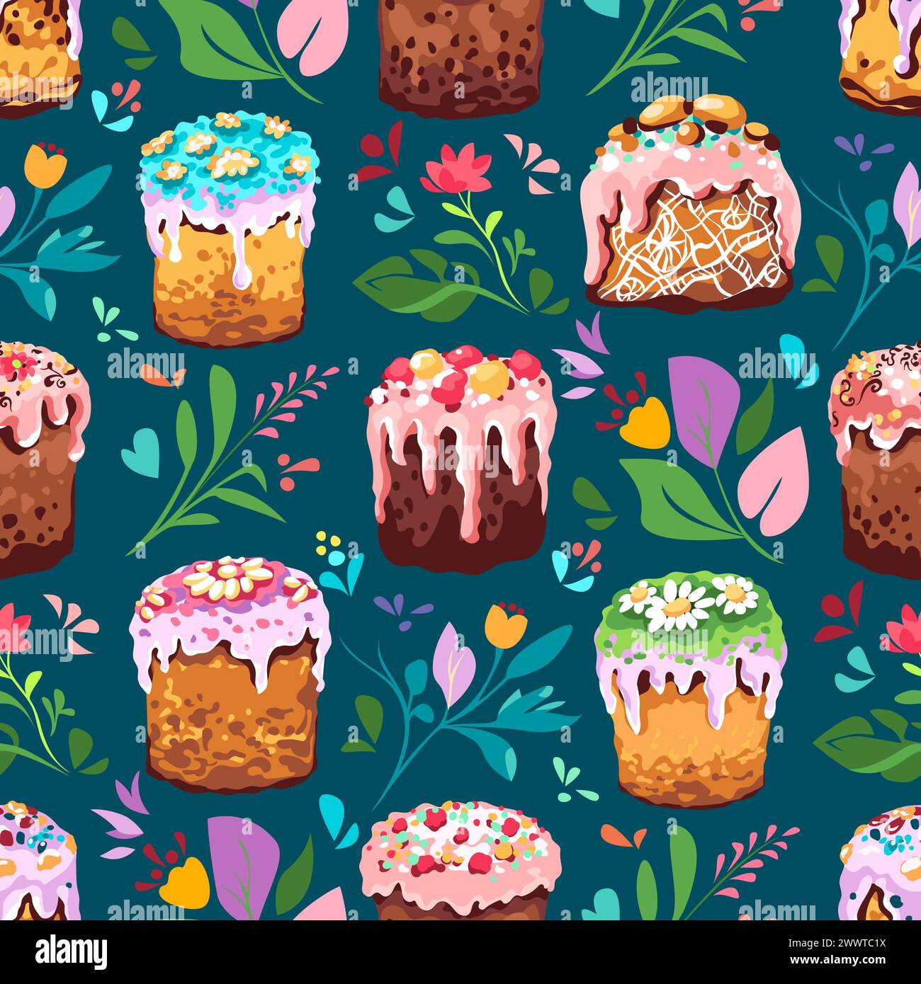 „Happy Happy Easter“ nahtloses Muster. Vektorset mit traditionellen Osterkuchen Stock Vektor