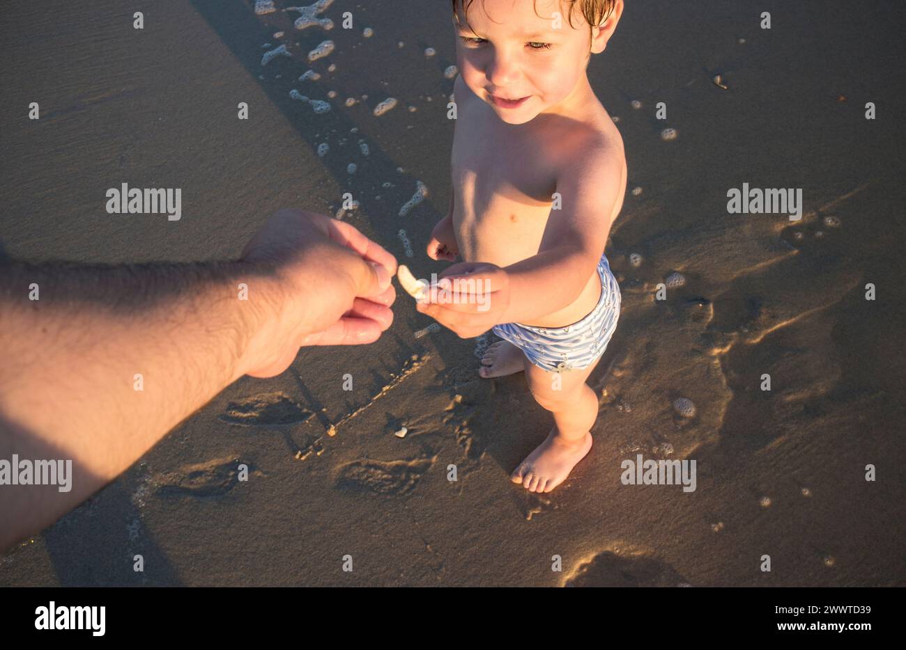 Das Baby bietet seinem Vater am Strand eine Muschel an. Überkopfaufnahme Stockfoto