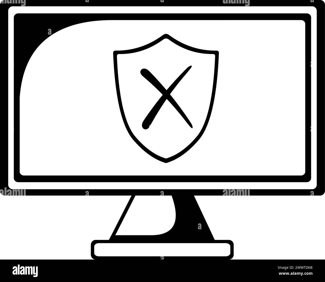 Vektorsymbol Schwarzweiß Monitor pc Shield Antivirus deaktiviert Stock Vektor