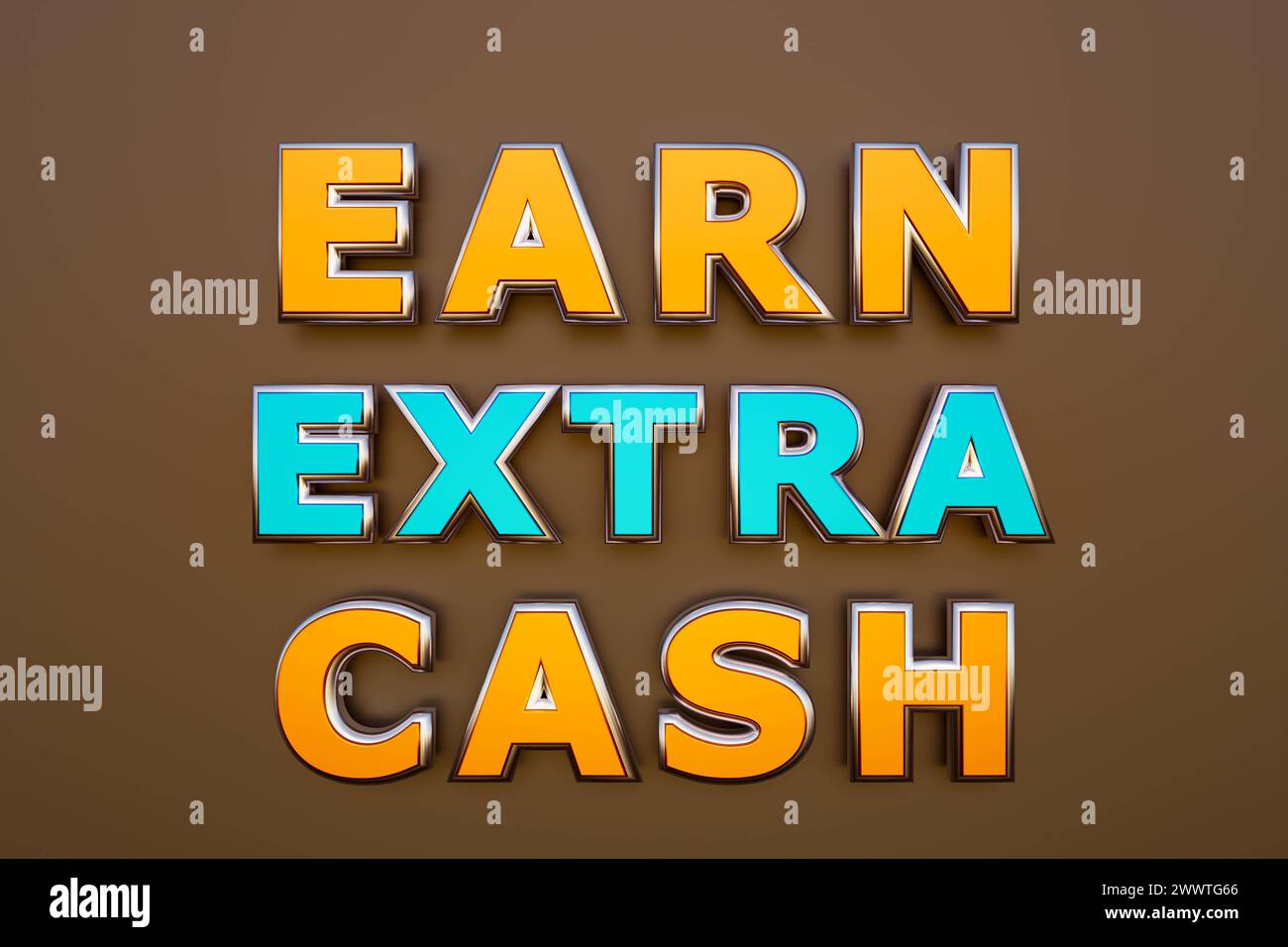 Verdienen Sie zusätzliches Bargeld verdienen Sie zusätzliches Bargeld. Wörter in orangefarbenen und blauen Metallic-Großbuchstaben. Bonus, Einkommen, Gehalt, Belohnung. 3D-Illustration Text Banner H065 EA Stockfoto