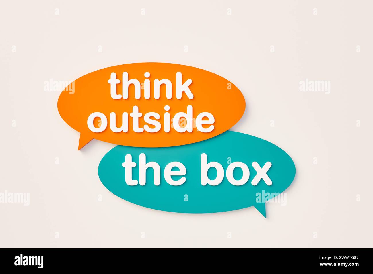Denken Sie über den Tellerrand hinaus, Online-Sprechblase. Denken Sie außerhalb der Box, Chatblase in Orange, Blau. Träumen, Inspiration, Motto, Denken, Respec Stockfoto