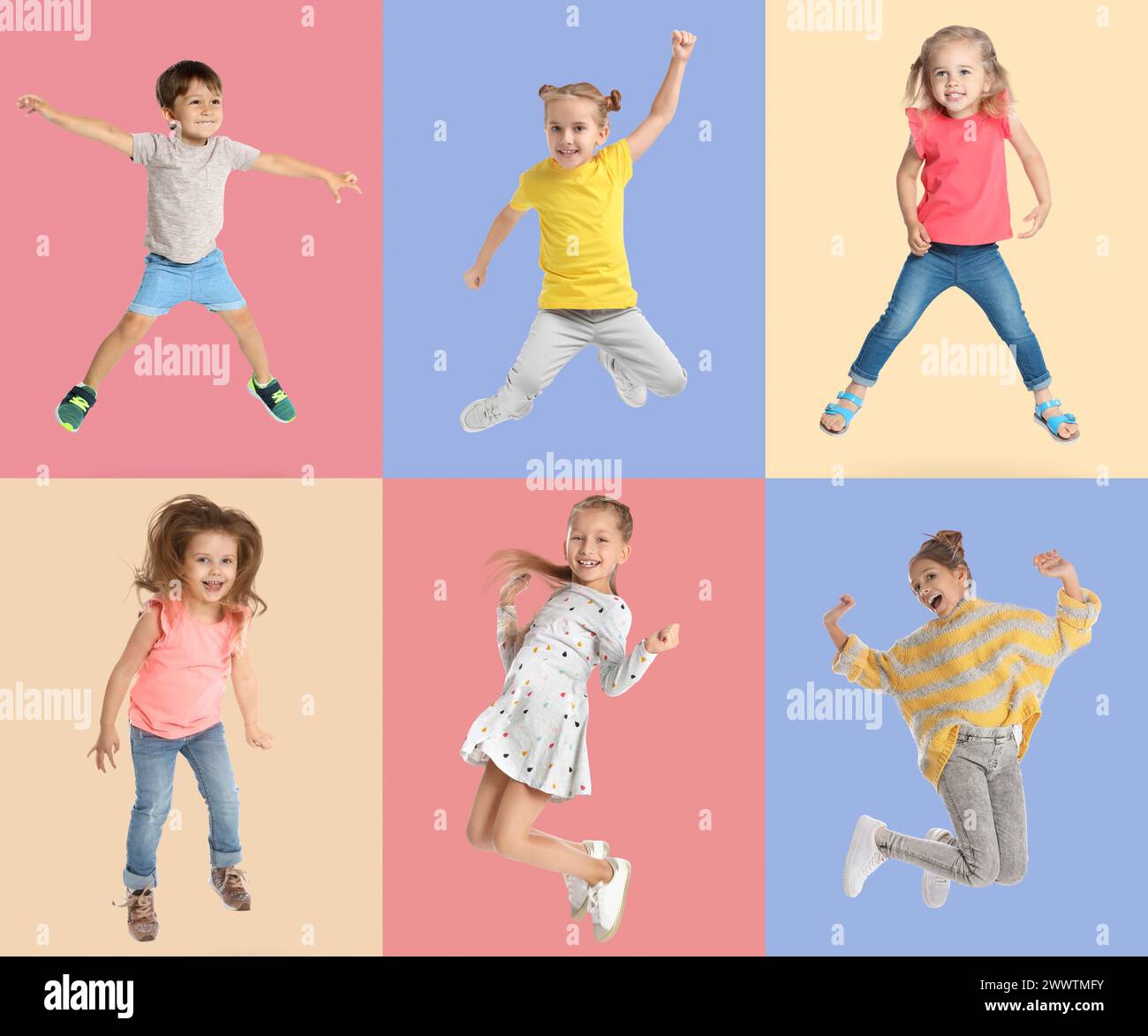 Gruppe von Kindern, die auf farbigen Hintergründen springen, eine Reihe von Fotos Stockfoto