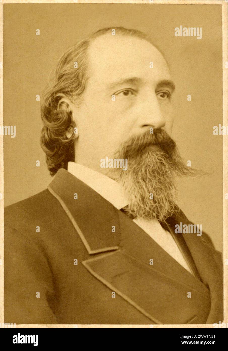 1870 CA , BARCELONA , SPANIEN : der italienische Theaterschauspieler ACHILLE MAJERONI ( 1824–1888 ). Vater des Theater- und Filmschauspielers Achille Majeroni ( 1881–1964 ), des Schauspielers Dante Majeroni ( 1869–1937 ) und des illusionistischen Zauberers Amedeo Majeroni ( 1871–1932 ) . Foto: Fotografia Franco Hispano Americana , Barcelona . - TEATRO - THEATER - baffi - Schnurrbart - Bart - barba - OTTOCENTO - 800er - 800 - Spagna - ITALIEN - ITALIA - BARCELLONA - MAYERONI - ARCHIVIO GBB Stockfoto