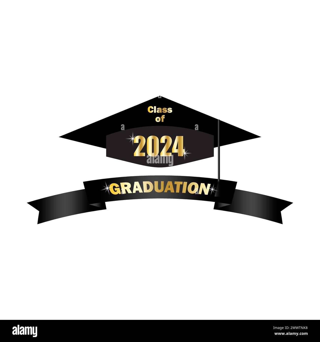 Graduierungskappe mit Banner der Klasse 2024. Emblem für akademische Feierlichkeiten. Goldene Highlights. Vektorabbildung. EPS 10. Stock Vektor