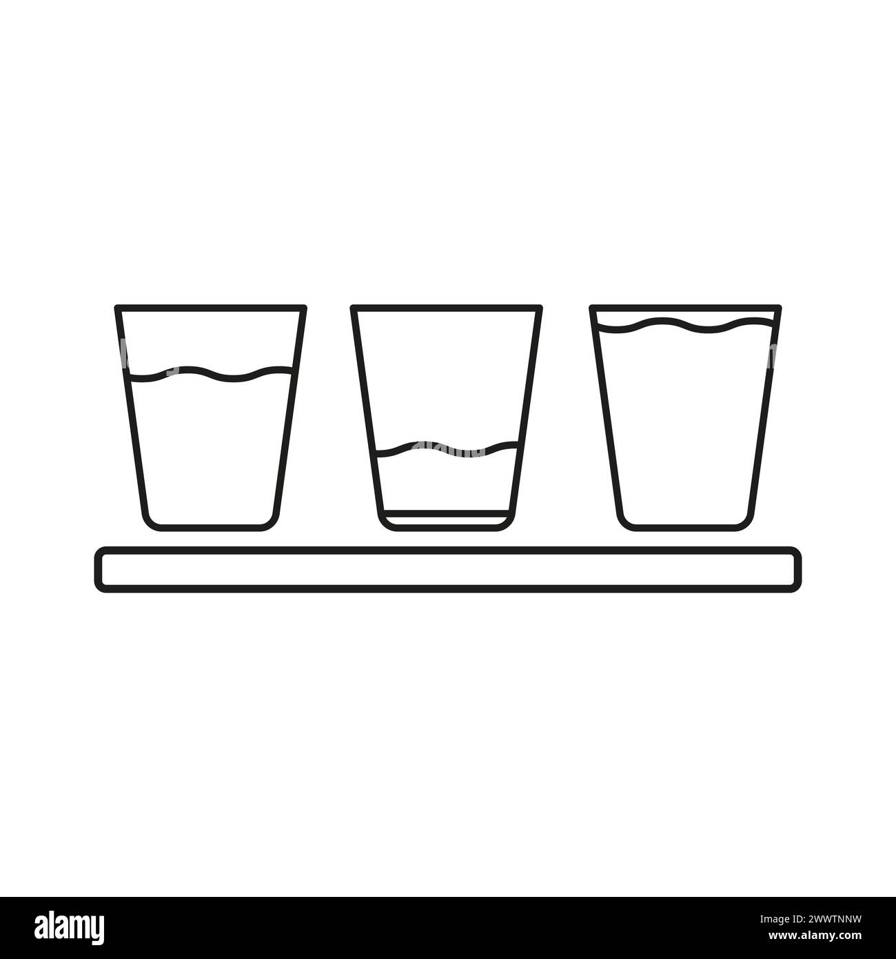 Drei Gläser mit unterschiedlichen Wasserständen. Vergleichskonzept. Vollständige, halbe und niedrige Messungen. Vektorabbildung. EPS 10. Stock Vektor