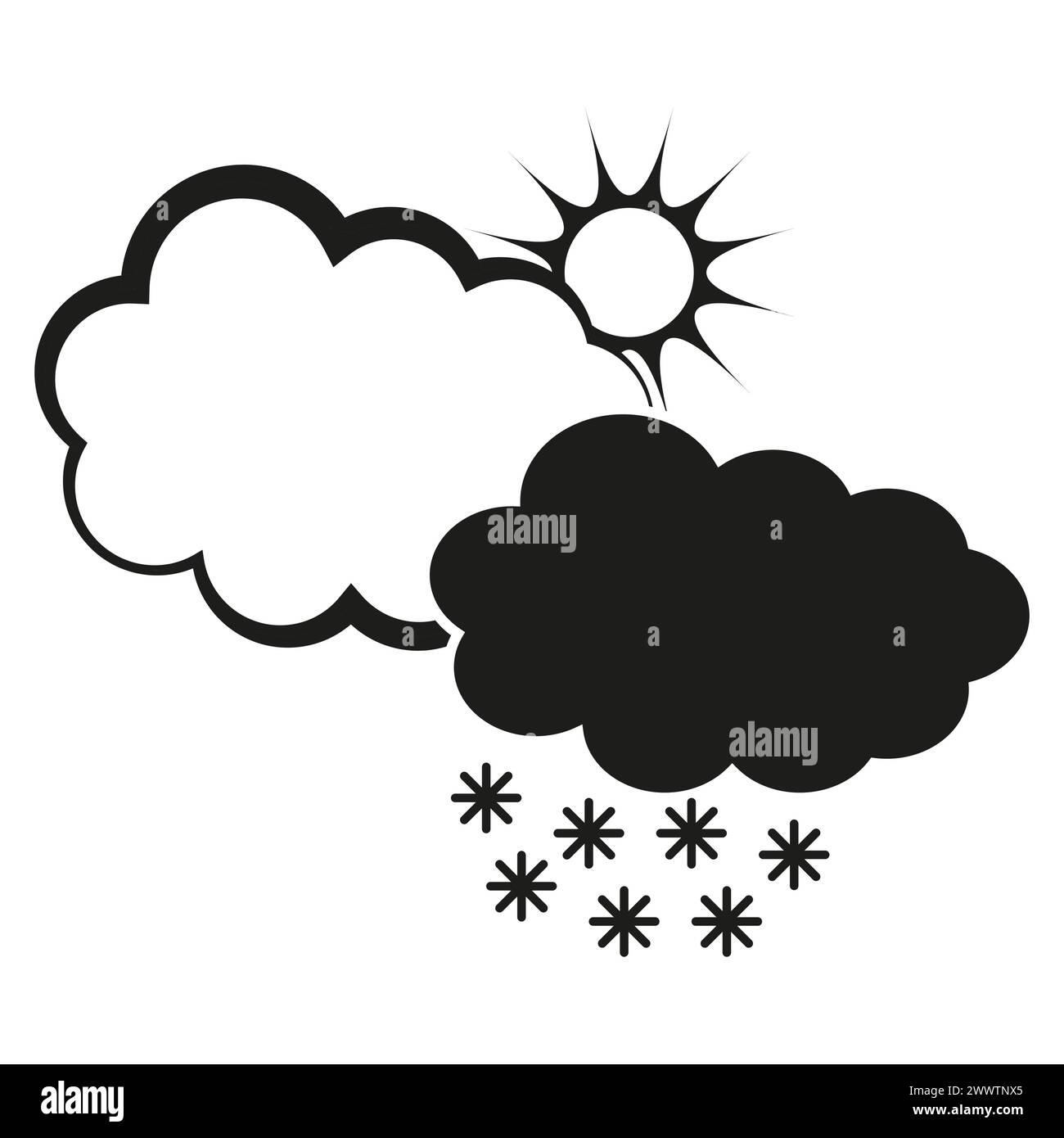 Kontrastierende Wettersymbole. Sonne hinter Wolken. Bewölkte Regenwolken. Symbol für fallende Schneeflocken. Vektorabbildung. EPS 10. Stock Vektor