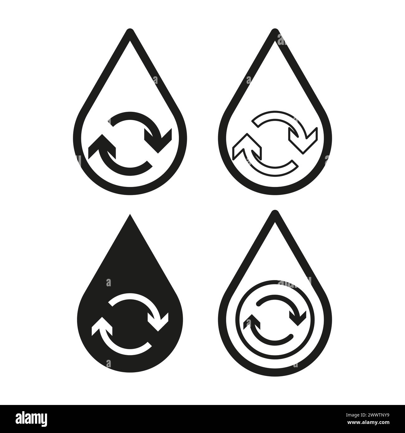Symbolsatz für das Recycling von Wasser. Kreisförmige Pfeile in Drop. Symbole für nachhaltige Wassernutzung. Denkmalschutz-Emblem. Vektorabbildung. EPS 10. Stock Vektor
