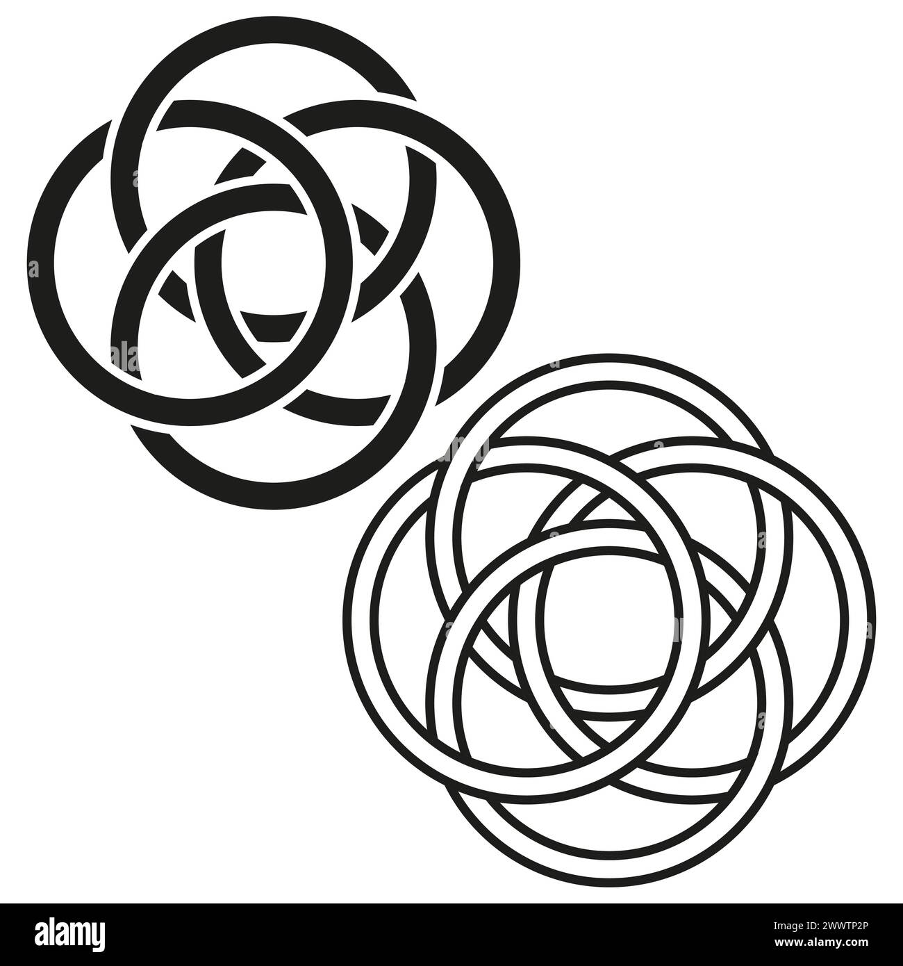 Abstraktes, ineinander greifendes Kreisdesign. Muster überlappender Ringe. Keltisch inspiriertes Knotenkunstwerk. Vektorabbildung. EPS 10. Stock Vektor