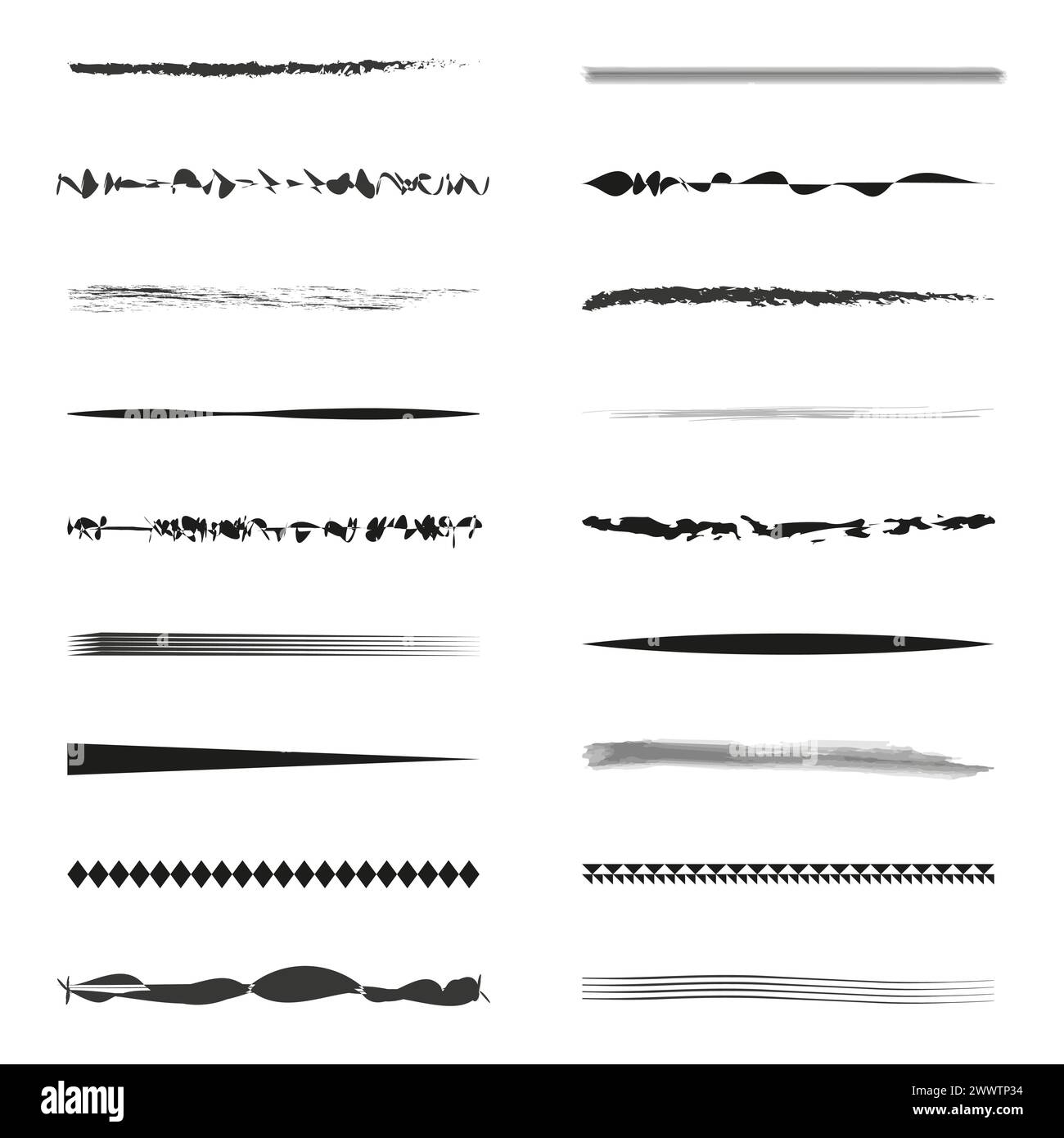 Satz von Trennern für Bürstenhub. Handgezeichnete Linientrenner. Künstlerische Seitendekoration. Vektorabbildung. EPS 10. Stock Vektor