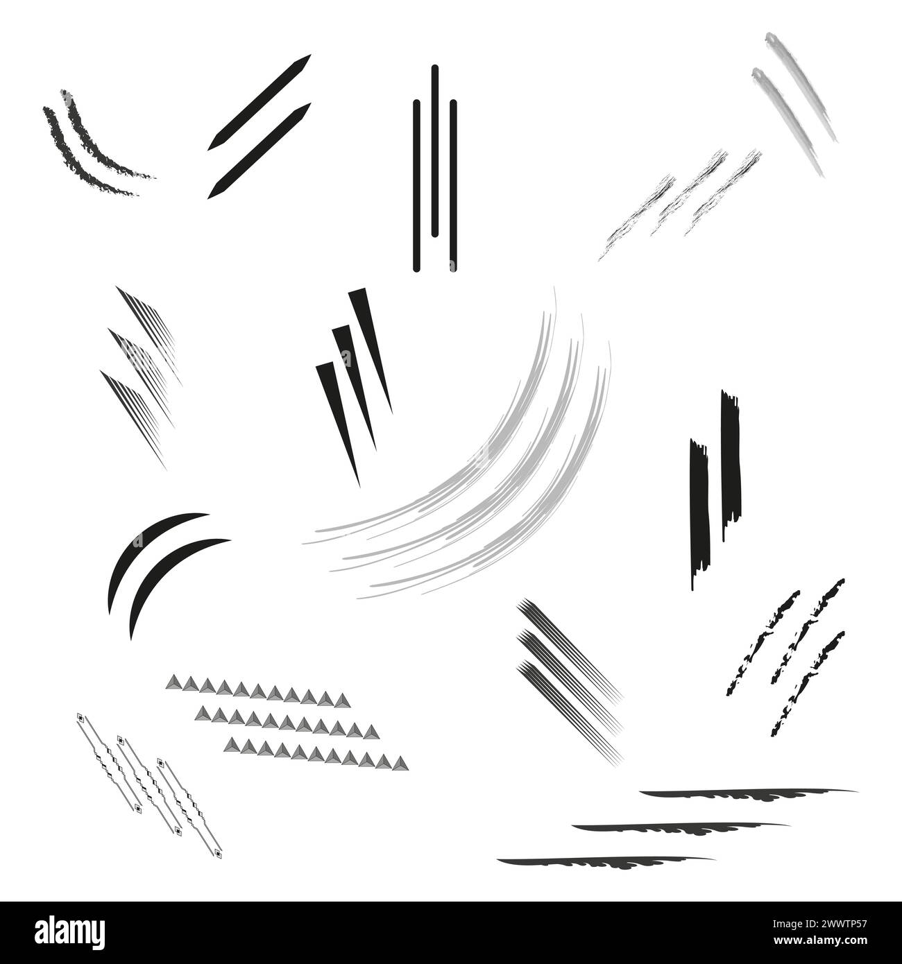 Verschiedene dynamische Pinselstriche. Abstrakte monochrome Farblinien. Künstlerische Bewegungselemente. Vektorabbildung. EPS 10. Stock Vektor