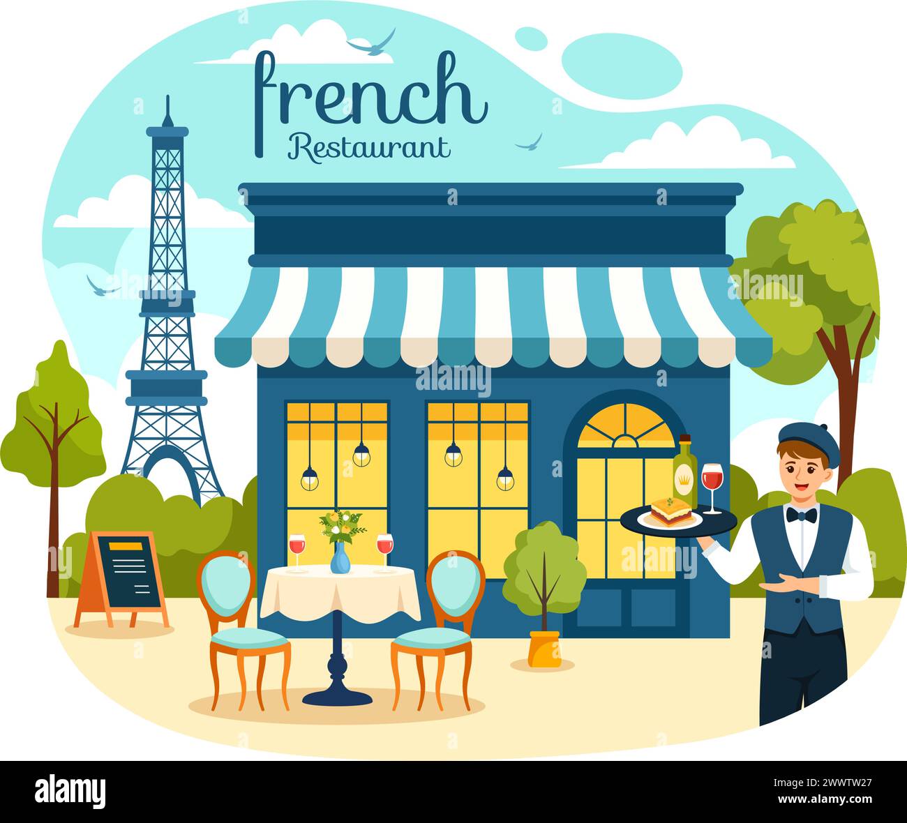 Französische Küche Restaurant Vektor-Illustration mit verschiedenen traditionellen oder nationalen Speisen von Frankreich auf flachem Stil Cartoon Hintergrund Stock Vektor