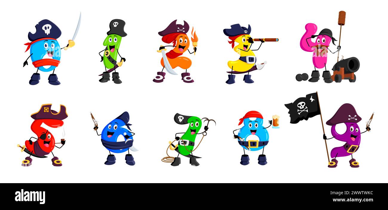 Zeichentrick-Mathe-Nummer Piratenkapitän und Korsair-Matrosen Charaktere, Vektorfiguren. Kinder Mathematik zählt als Karibischer Piraten oder Freibeuter Filibus Stock Vektor