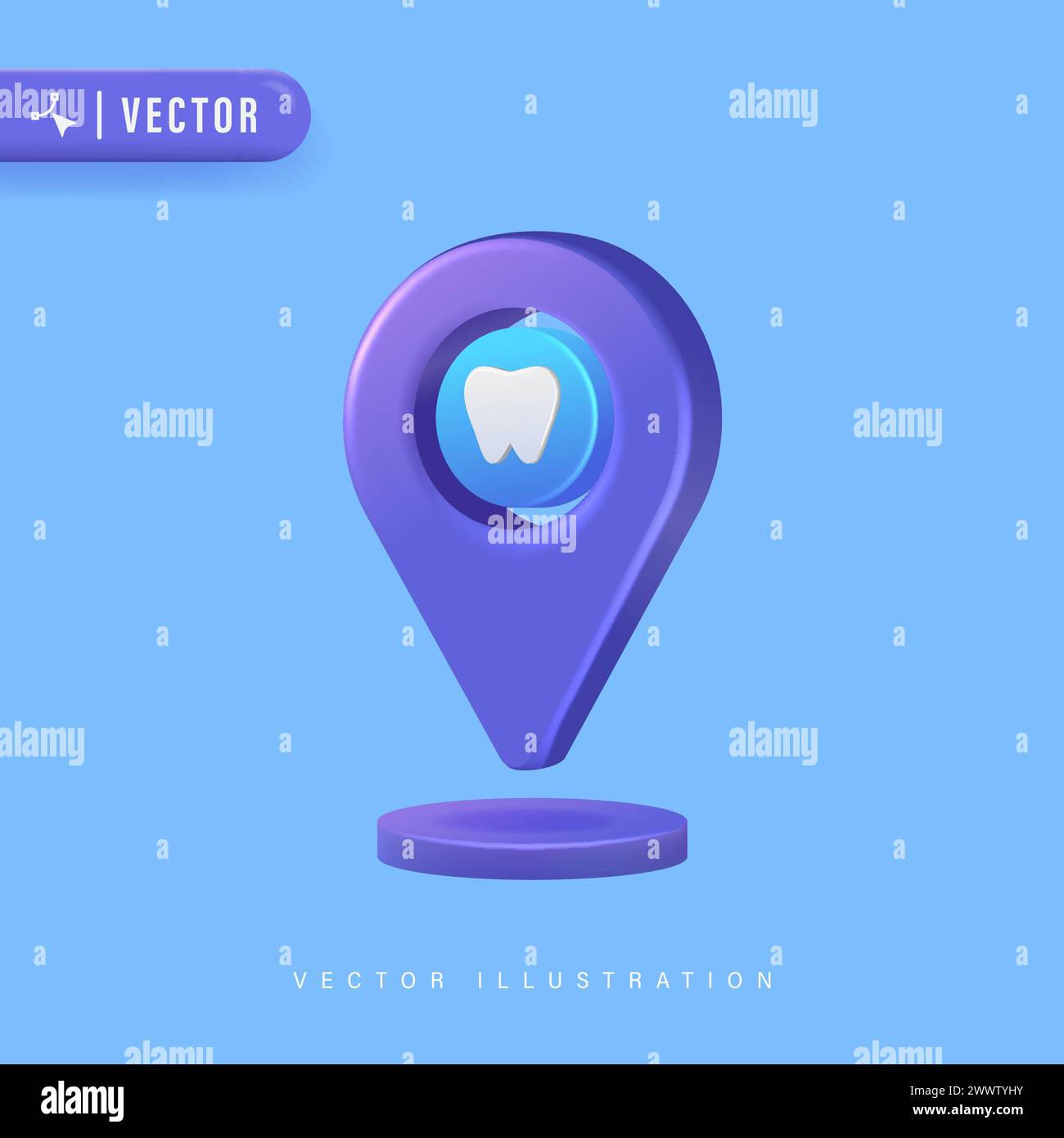 Dentalklinik Standort Konzept mit 3D realistischem nettem Zahn und Standort Symbol isoliert auf blauem Hintergrund Vektor Illustration. Dental Point Logo Desig Stock Vektor